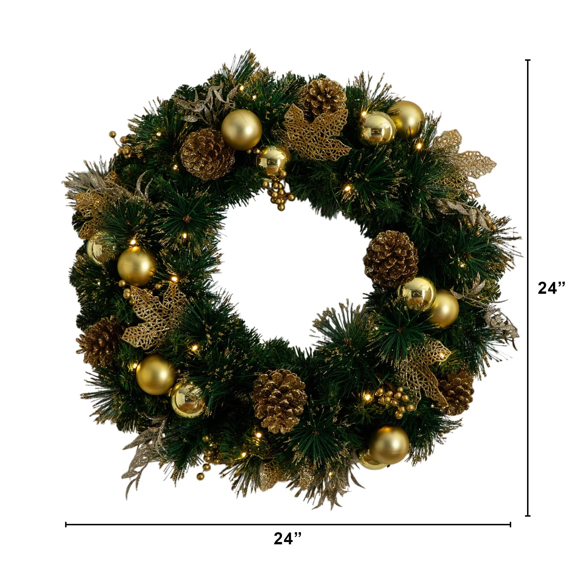 24" Pre-Lit Artificial Golden Frosted Christmas Wreath with 50 Warm White LED Lights Pinecones, Berries and Ornaments - Image 8