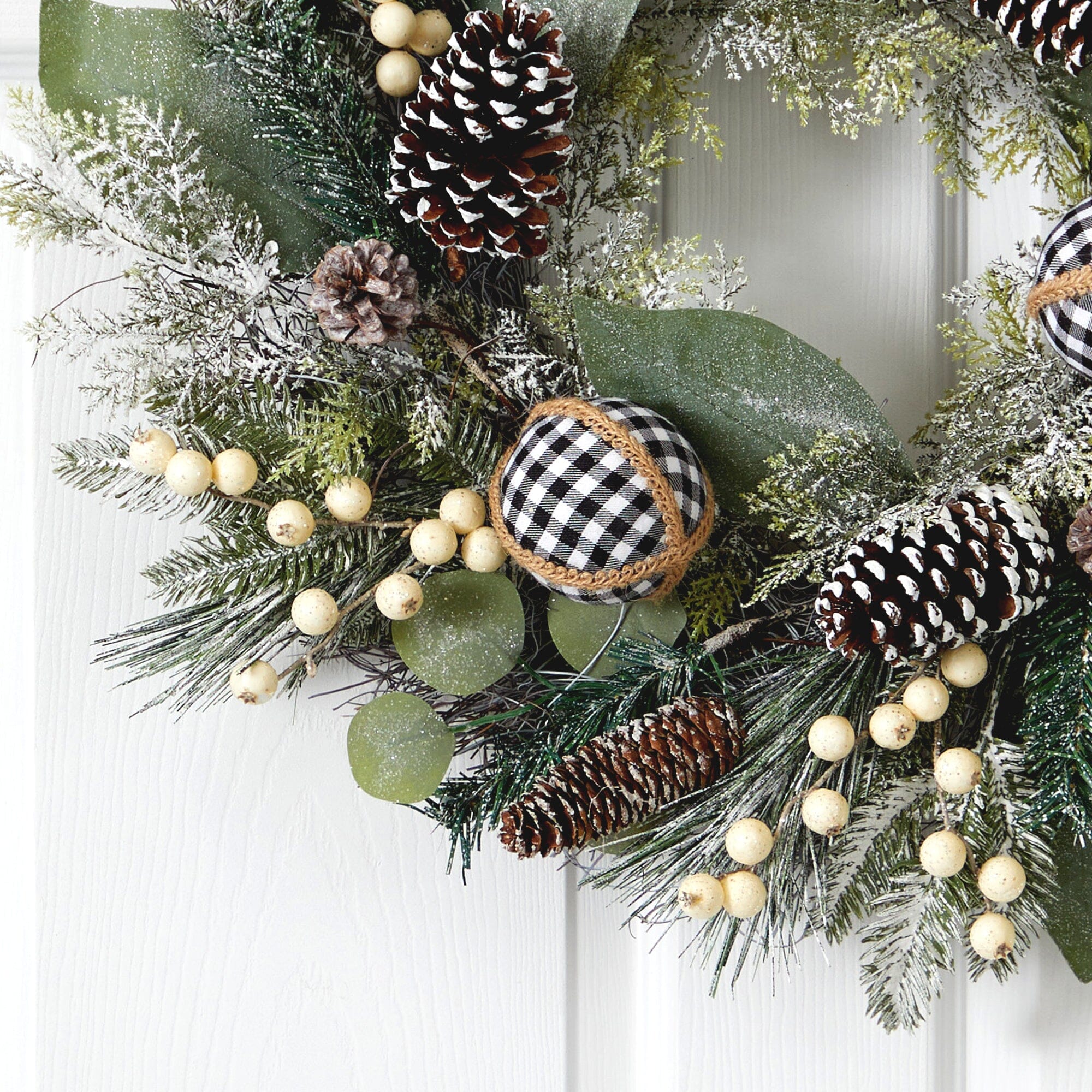 24” Snow Tipped Holiday Artificial Wreath with Berries, Pine Cones and Ornaments - Image 2