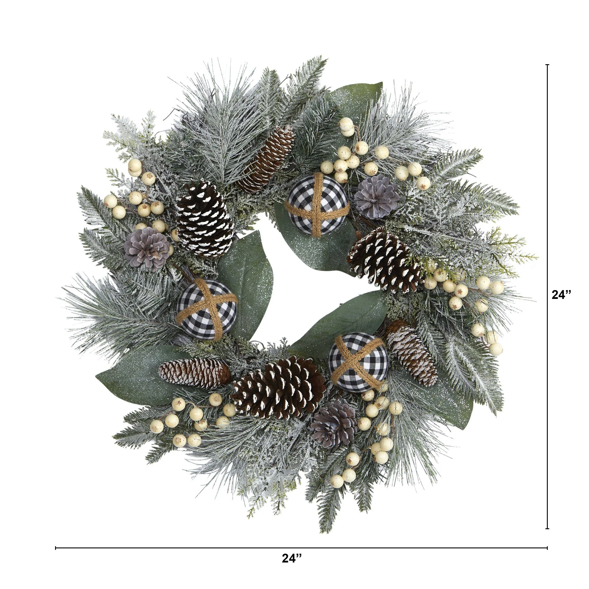 24” Snow Tipped Holiday Artificial Wreath with Berries, Pine Cones and Ornaments - Image 3