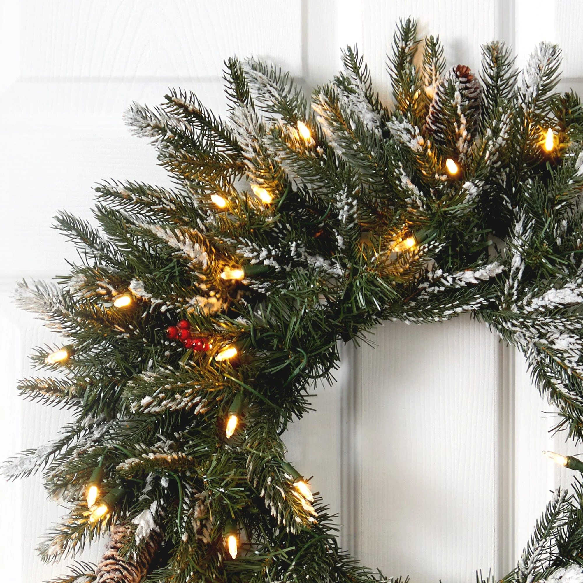 24” Snowed Artificial Christmas Wreath with 50 Warm White LED Lights and Pine Cones - Image 2