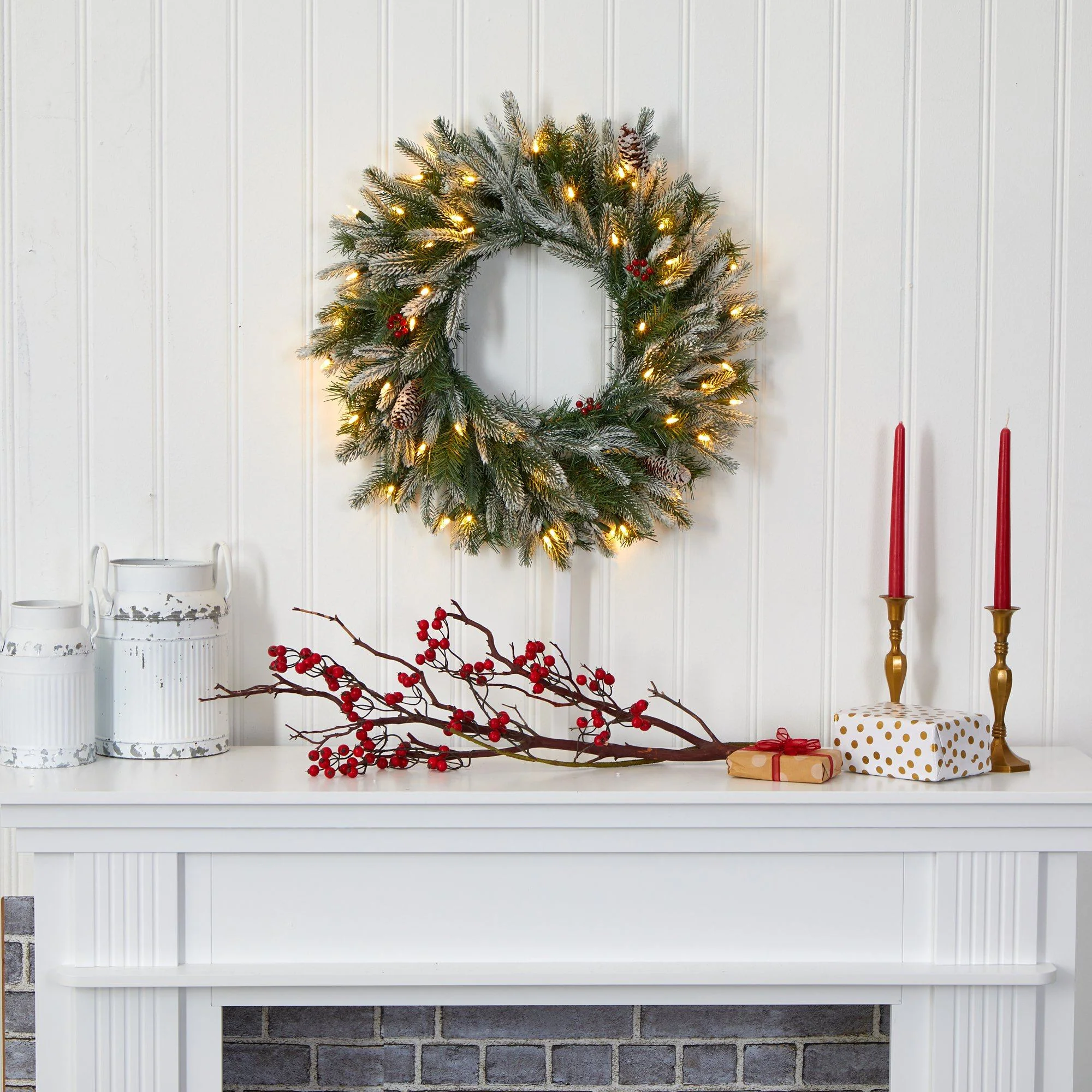 24” Snowed Artificial Christmas Wreath with 50 Warm White LED Lights and Pine Cones - Image 5