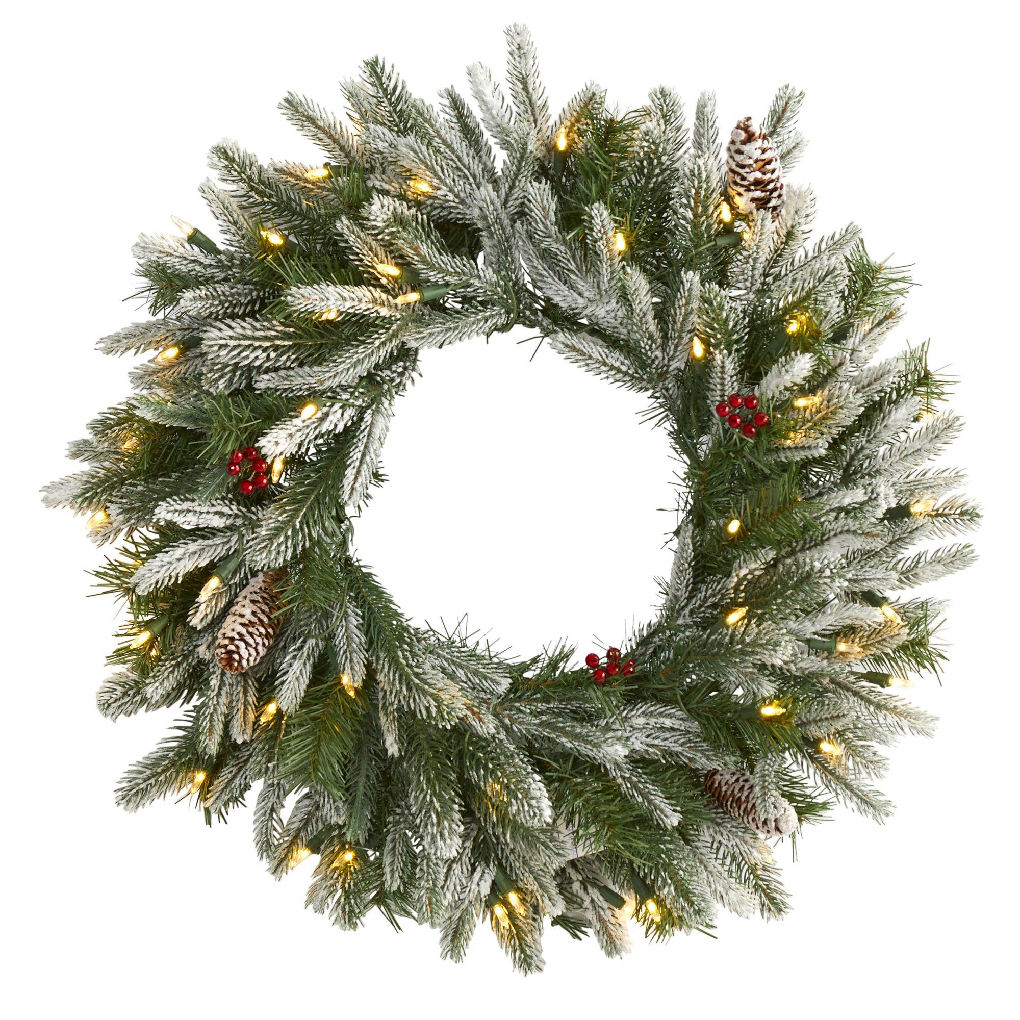 24” Snowed Artificial Christmas Wreath with 50 Warm White LED Lights and Pine Cones - Image 6