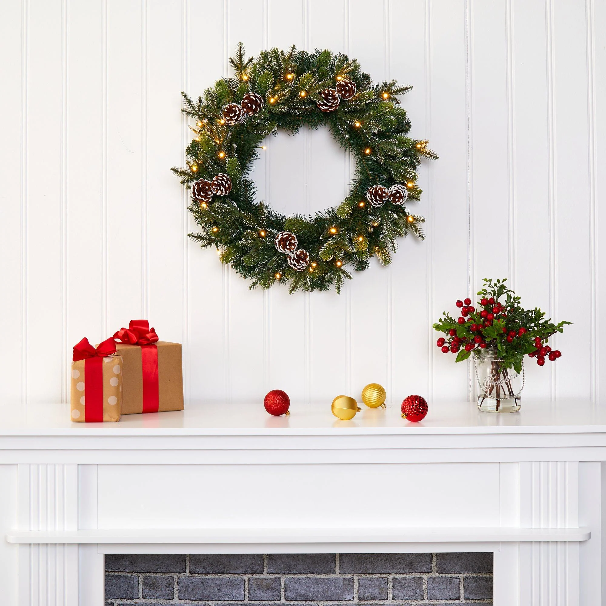 24” Snowed Pinecone Artificial Christmas Wreath with 35 Clear LED Lights - Image 5