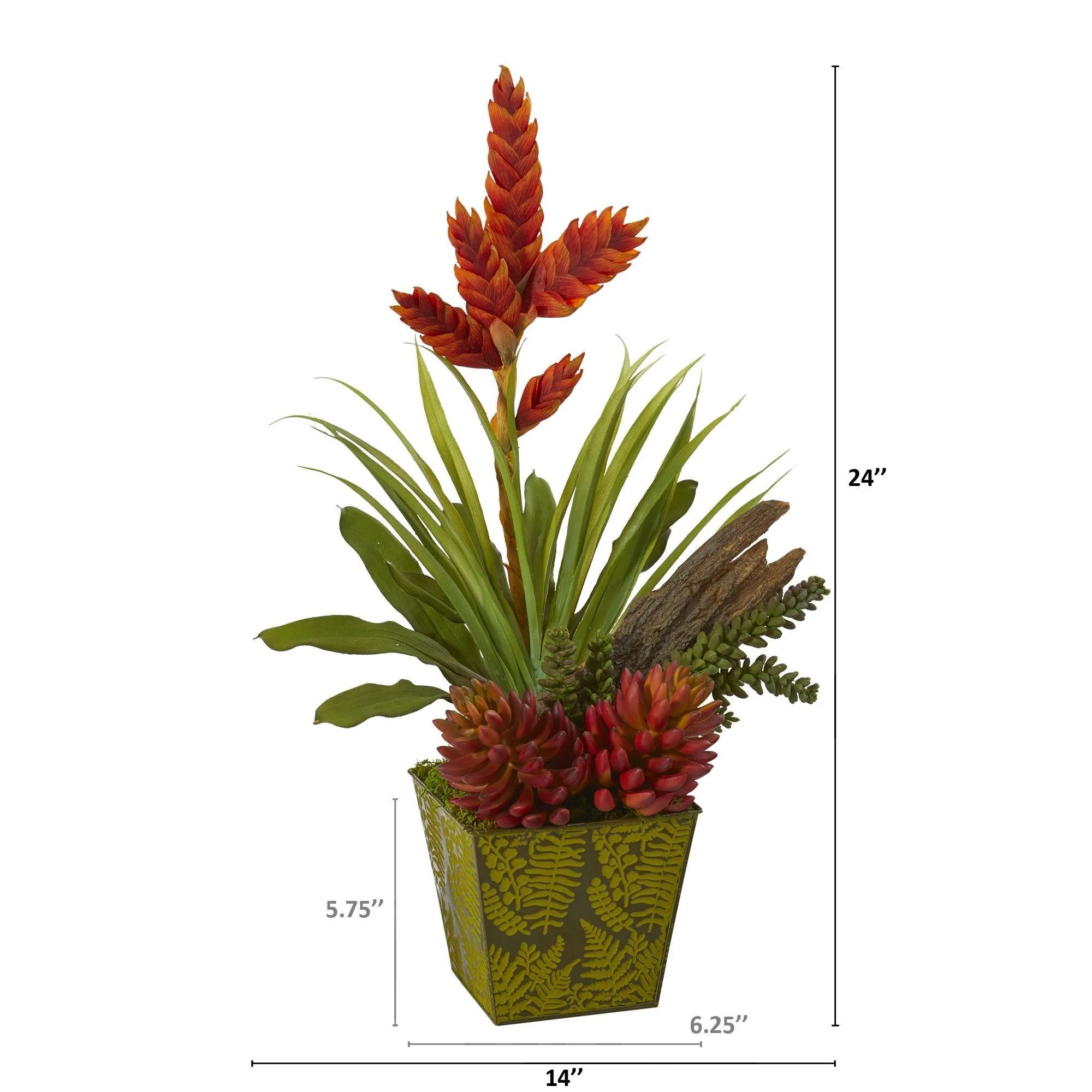 24” Succulent and Bromeliad Artificial Plant in Green Planter - Image 2
