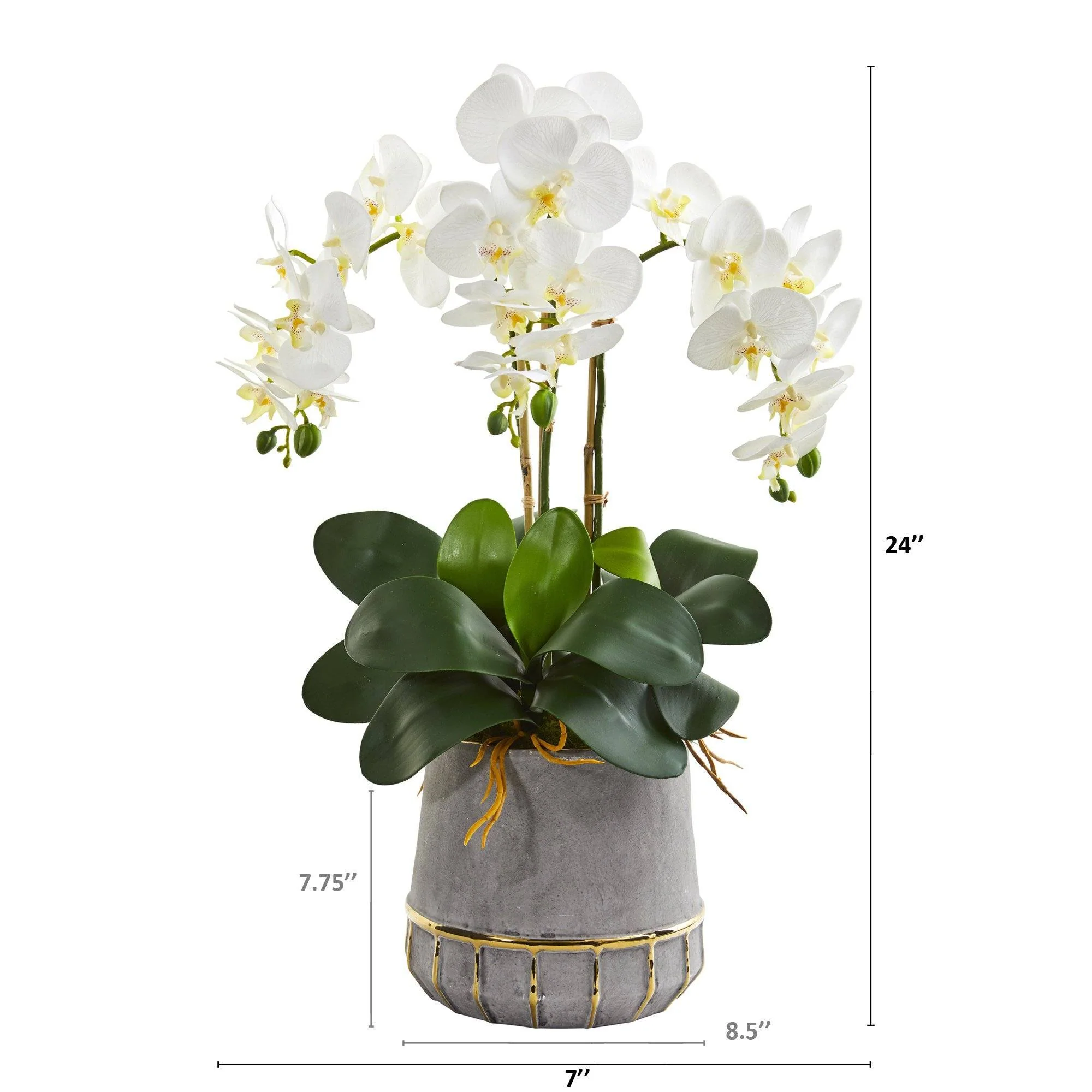 24” Triple Phalaenopsis Orchid Artificial Arrangement in Stoneware Vase with Gold Trimming - Image 2