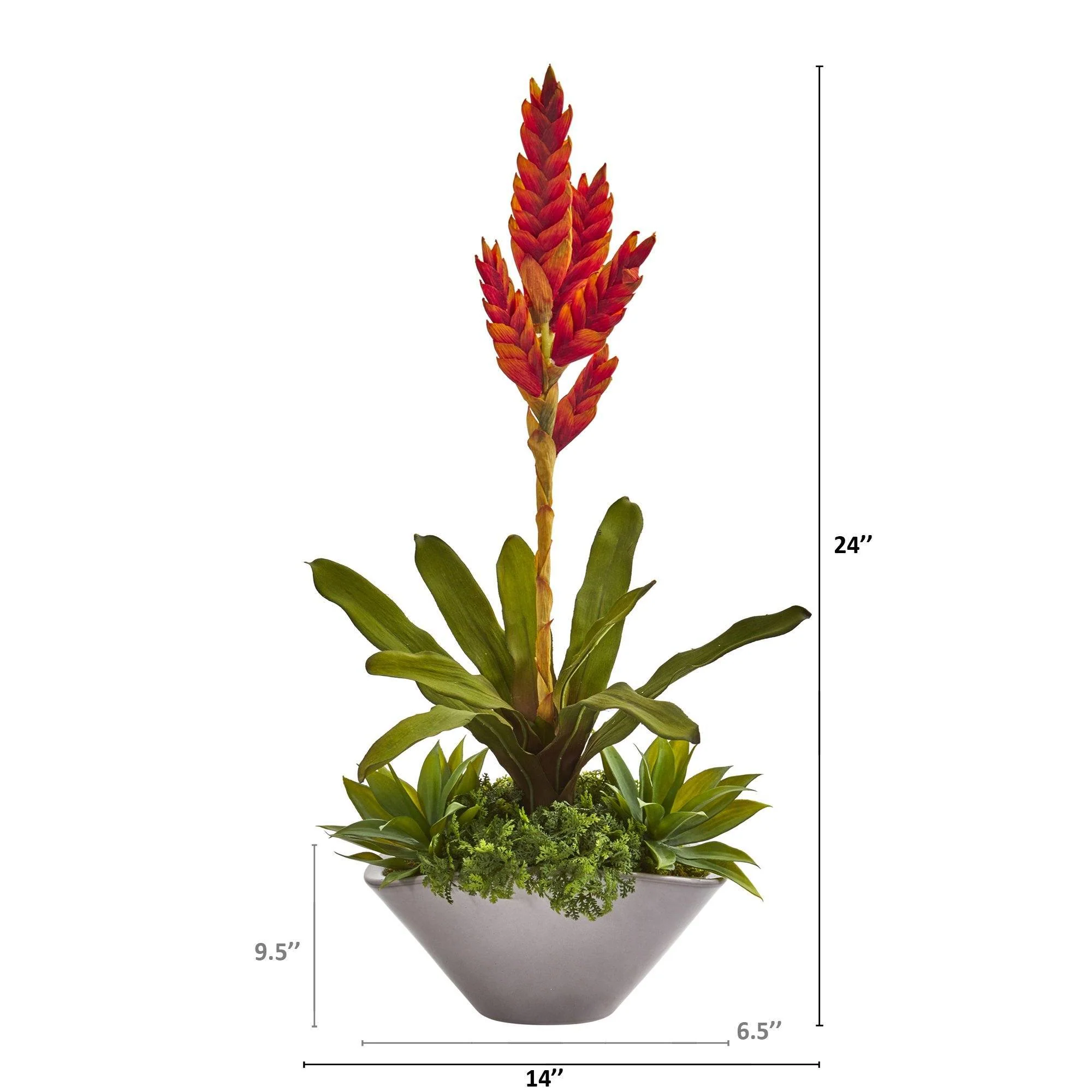 24” Tropical Bromeliad and Agave Artificial Plant in Gray Planter - Image 2