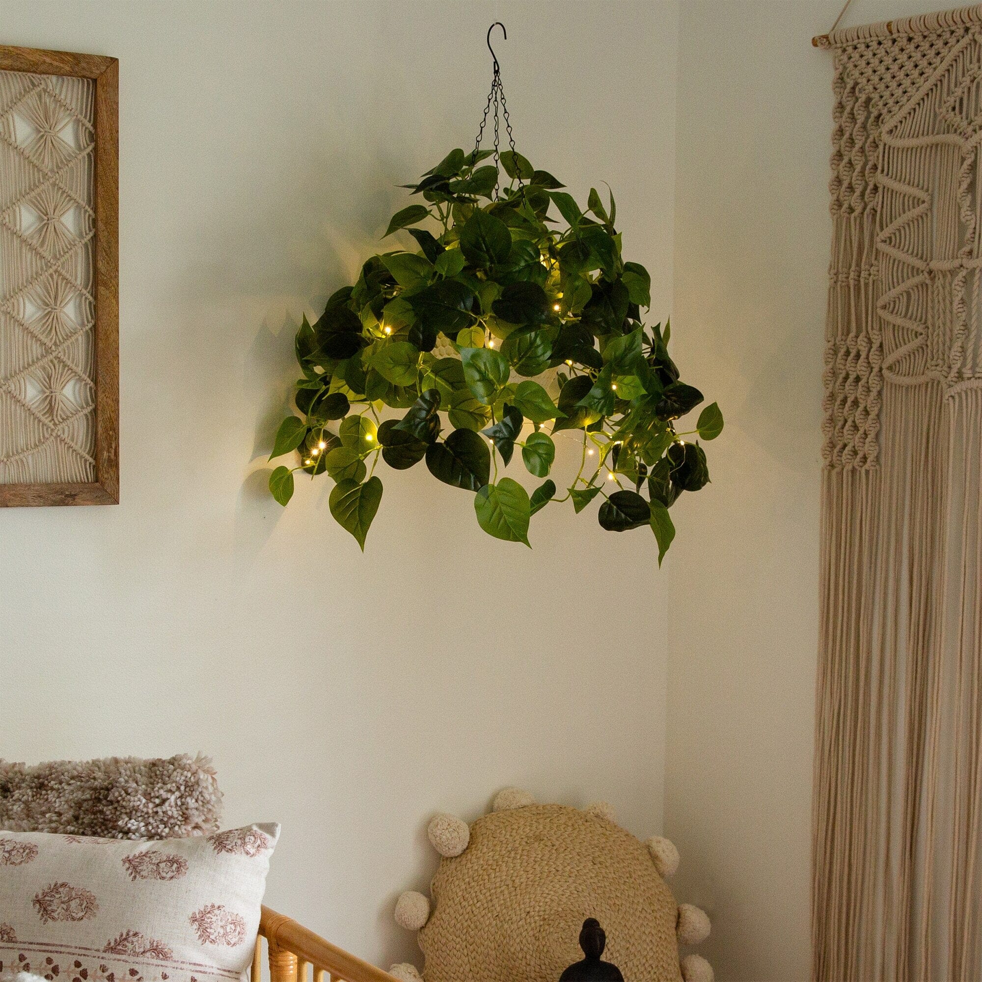 24” UV Resistant Artificial Philodendron with 50 Warm White LED Lights in White Hanging Basket - Image 4