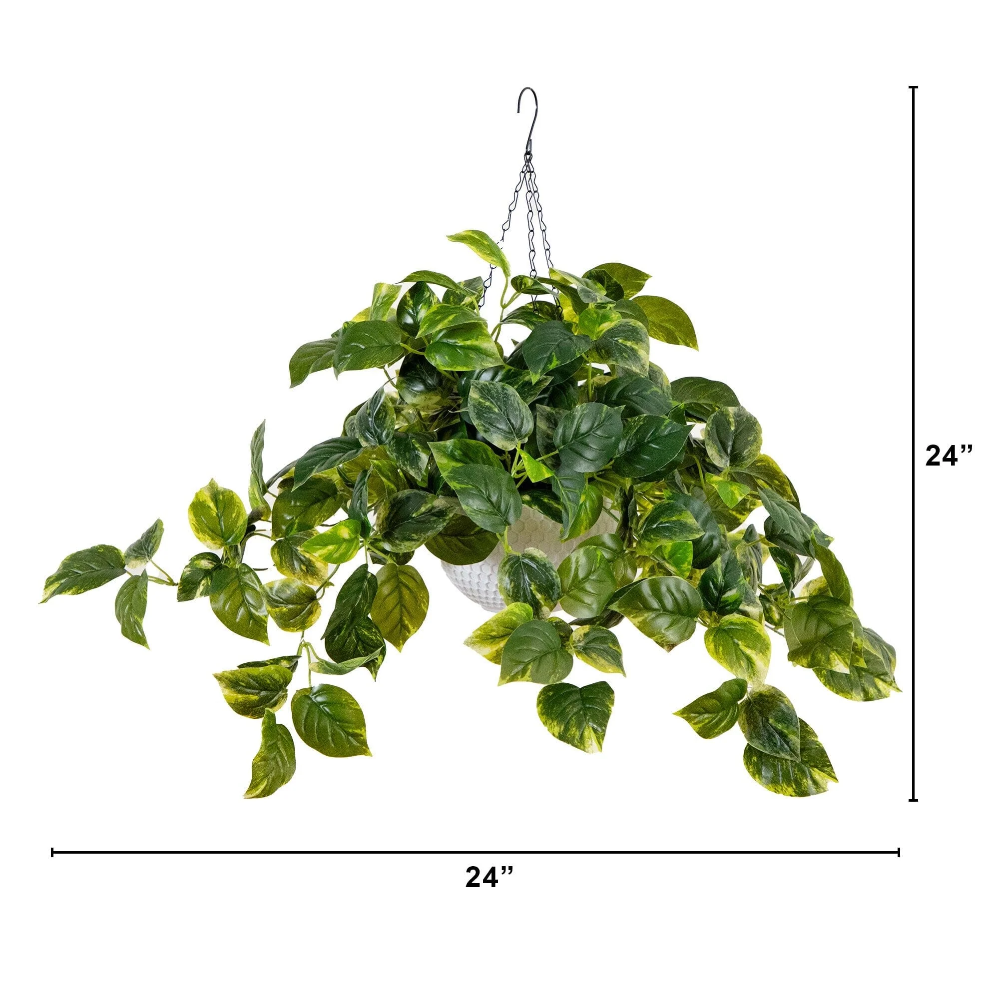 24”UV Resistant Artificial Pothos with 50 Warm White LED Lights in White Hanging Basket - Image 10