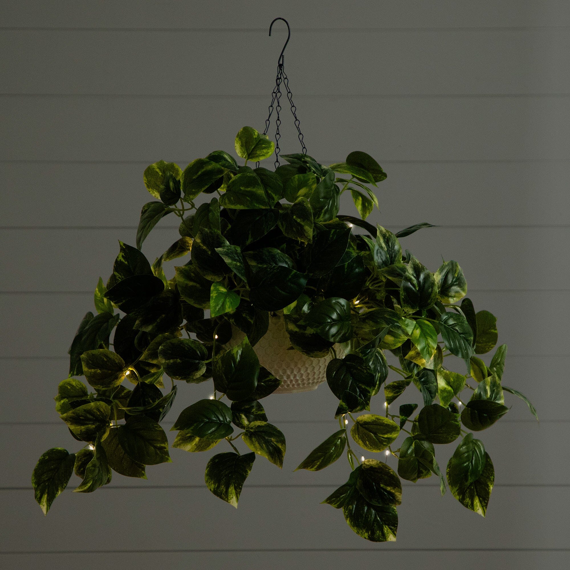 24”UV Resistant Artificial Pothos with 50 Warm White LED Lights in White Hanging Basket - Image 4