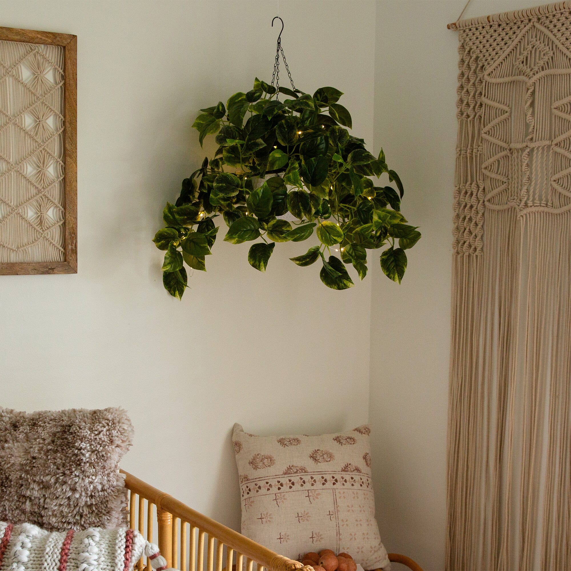 24”UV Resistant Artificial Pothos with 50 Warm White LED Lights in White Hanging Basket - Image 6