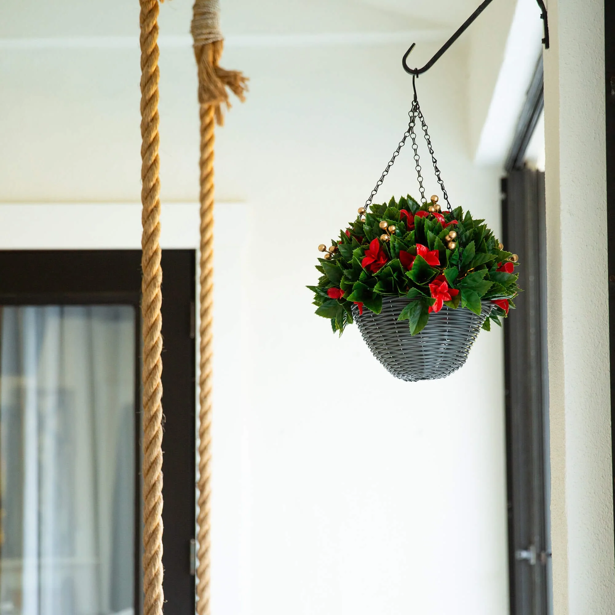 24" Pre-Lit UV Resistant Artificial Red Tip Photinia & Gold Berries Christmas Hanging Basket with 34 Warm White LED Lights (Indoor/Outdoor) - Image 3