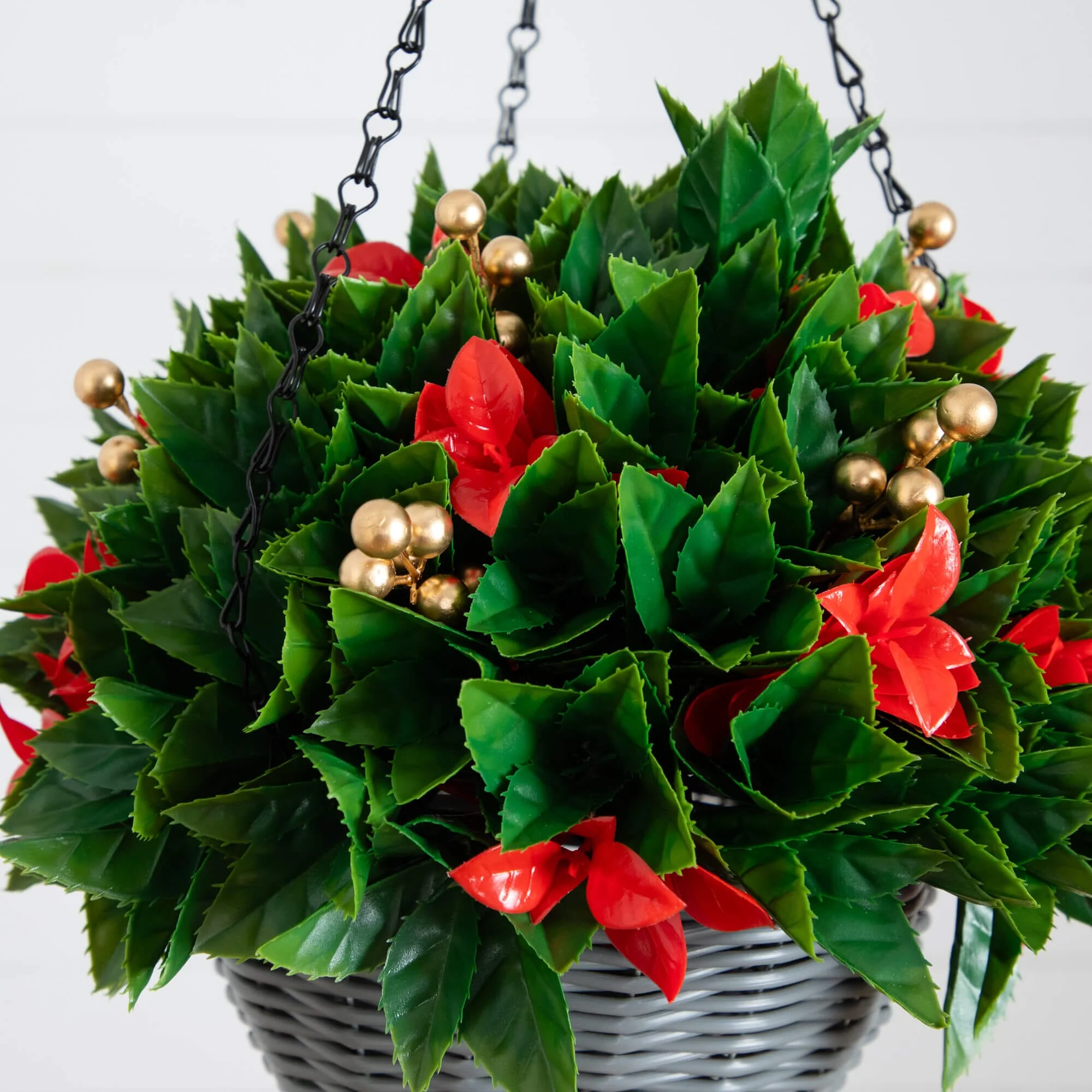 24" Pre-Lit UV Resistant Artificial Red Tip Photinia & Gold Berries Christmas Hanging Basket with 34 Warm White LED Lights (Indoor/Outdoor) - Image 4