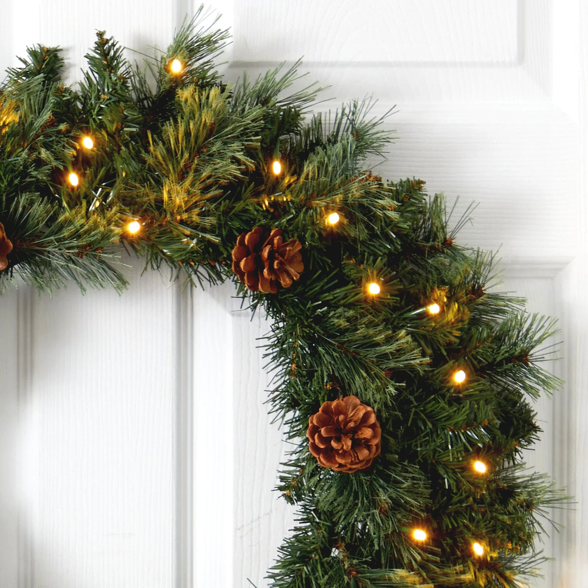 24” White Mountain Pine Artificial Christmas Wreath with 35 LED Lights and Pinecones - Image 2