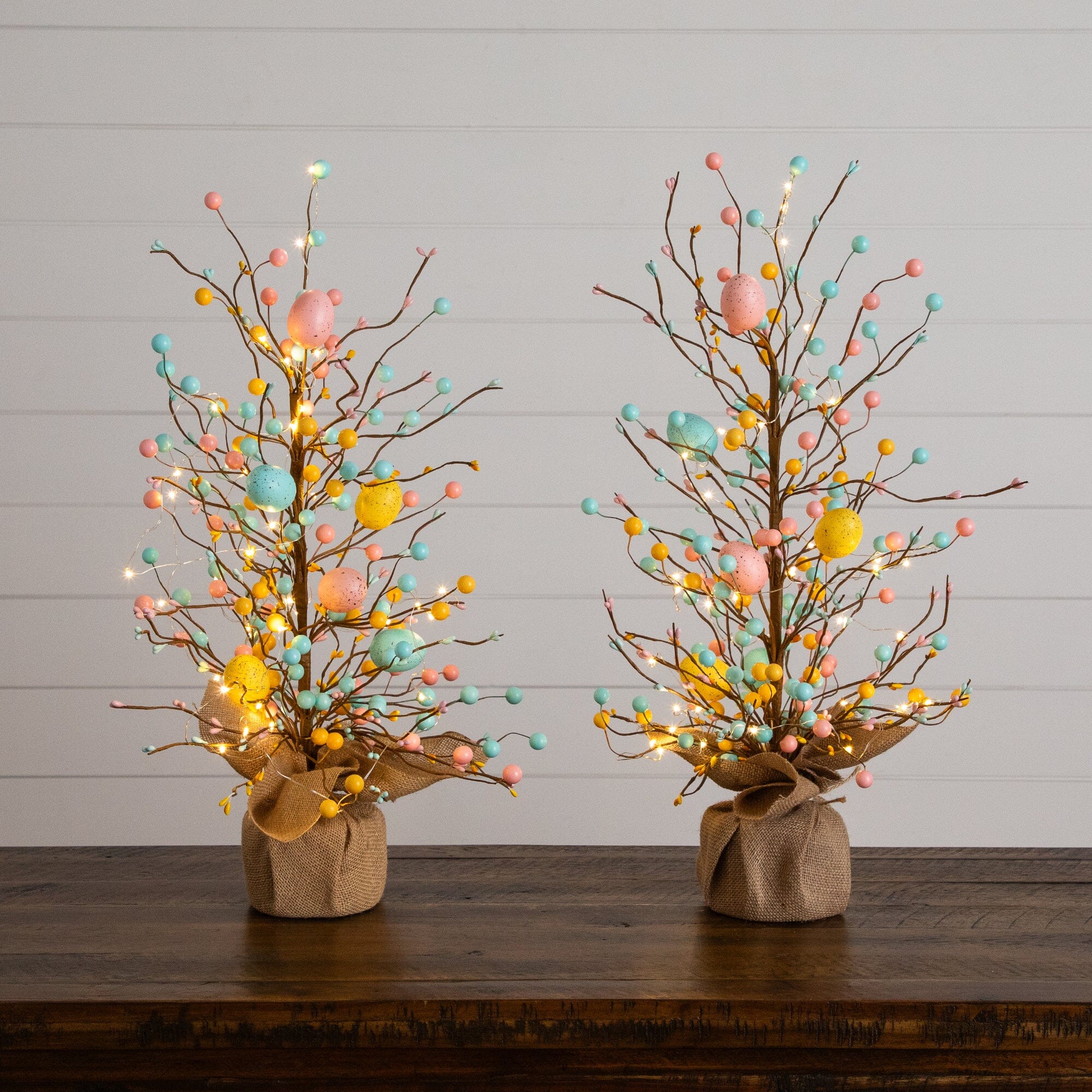 24" Pre-Lit Artificial Easter Egg Twig Tree with 30 LED Lights in Burlap Wrapped Base - Set of 2 - Image 3