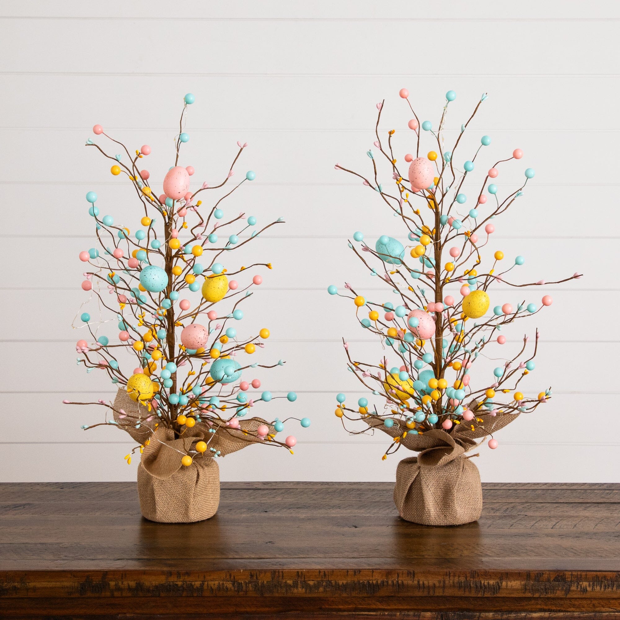 24" Pre-Lit Artificial Easter Egg Twig Tree with 30 LED Lights in Burlap Wrapped Base - Set of 2 - Image 4