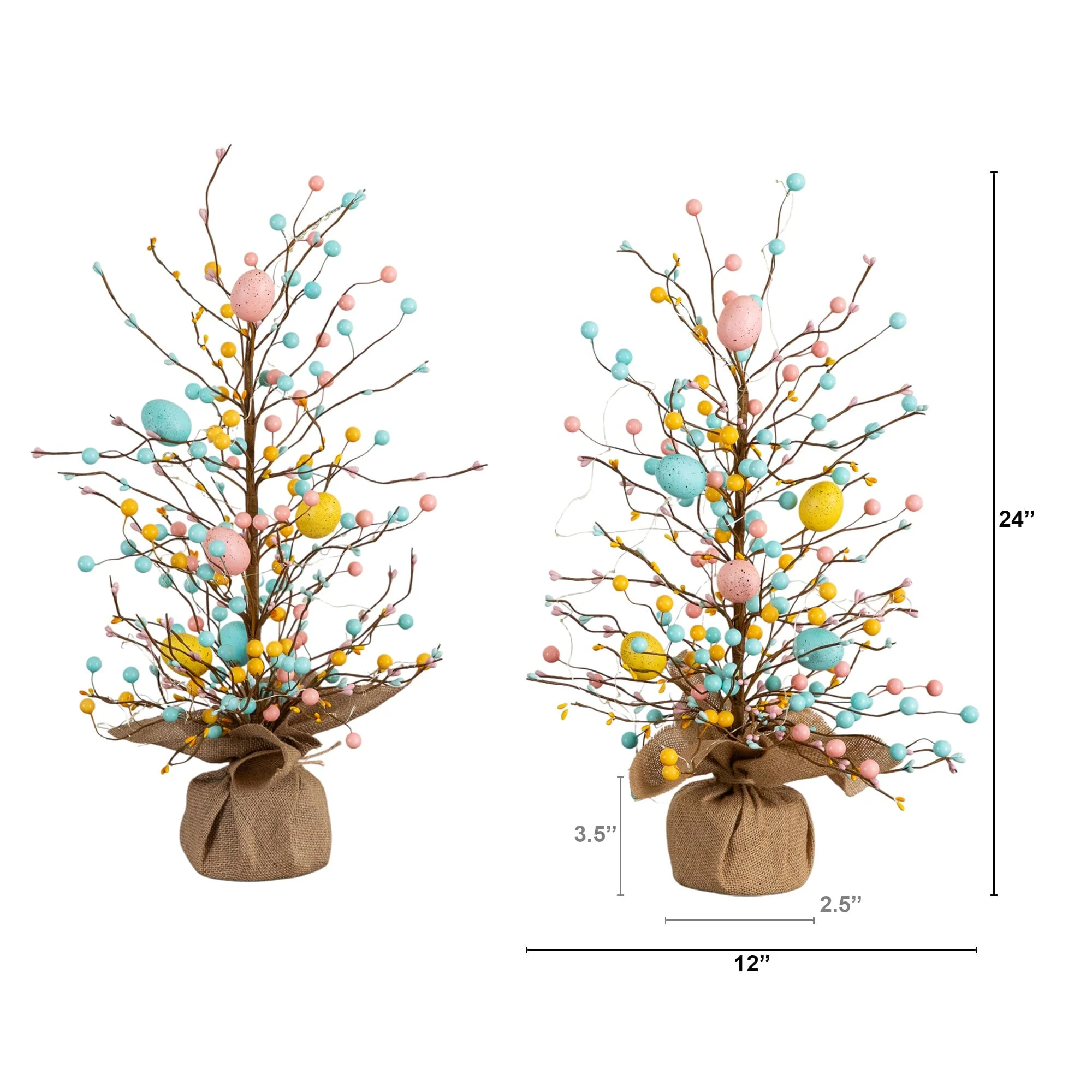 24" Pre-Lit Artificial Easter Egg Twig Tree with 30 LED Lights in Burlap Wrapped Base - Set of 2 - Image 7