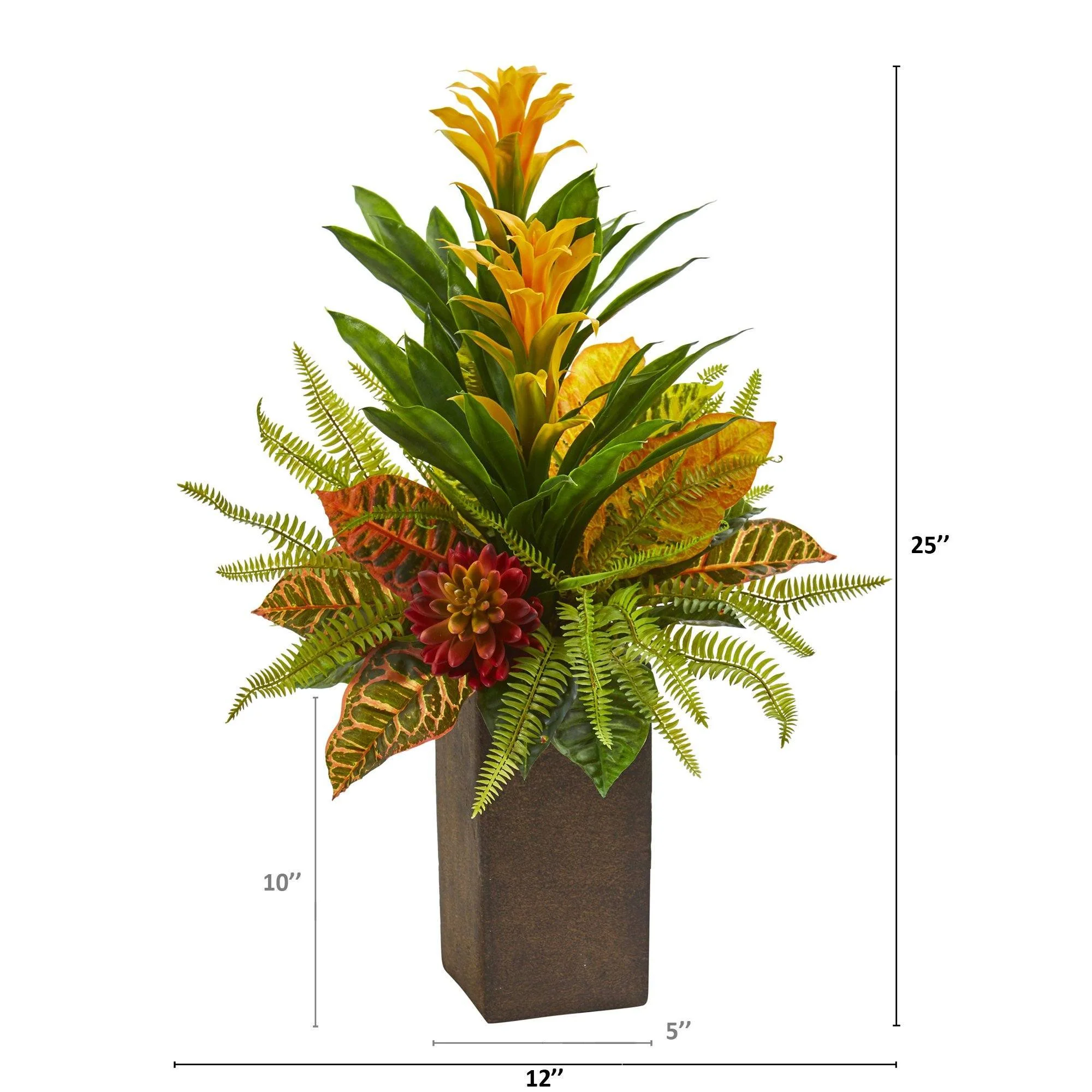 25” Bromeliad, Croton and Succulent Artificial Plant in Weathered Brown Planter - Image 2