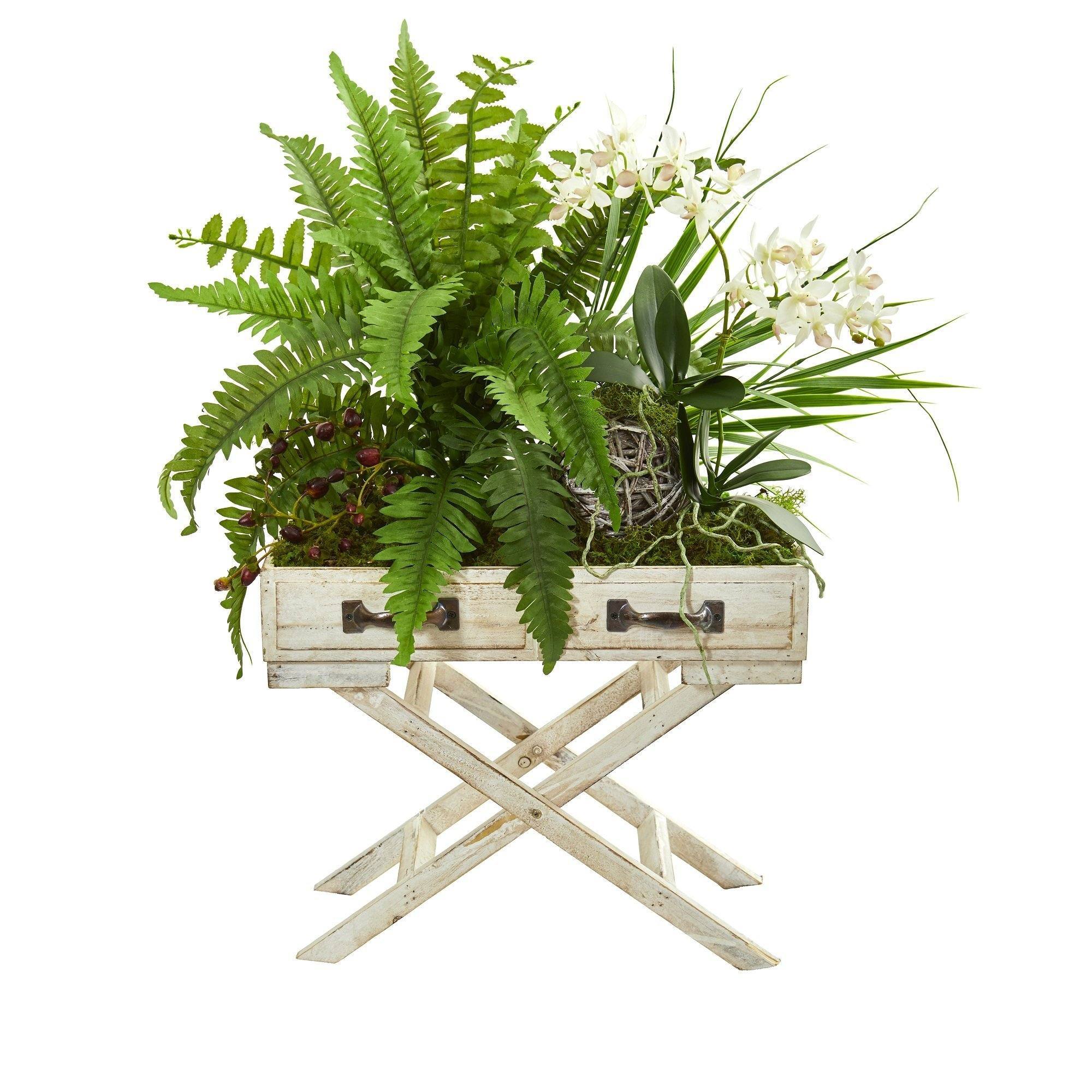 25” Phalaenopsis Orchid, Fern and Mixed Greens Artificial Arrangement in Drawer Planter