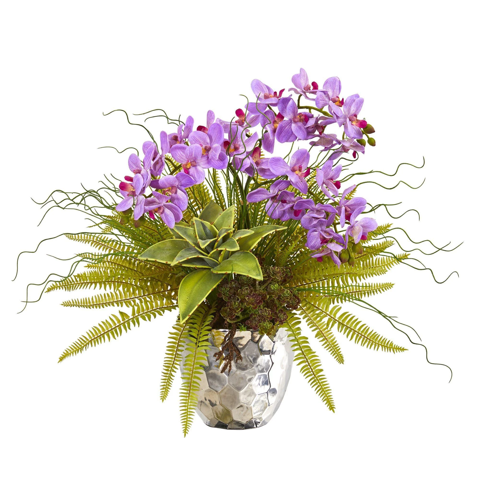 25” Phalaenopsis Orchid, Succulent and Fern Artificial Arrangement in Silver Vase - Image 5