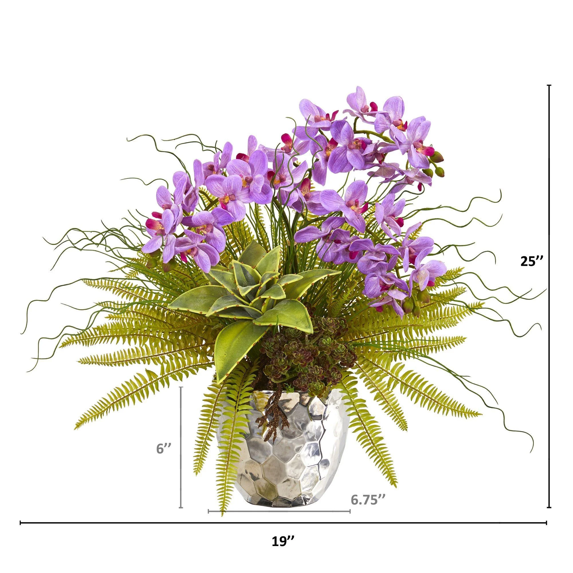 25” Phalaenopsis Orchid, Succulent and Fern Artificial Arrangement in Silver Vase - Image 6