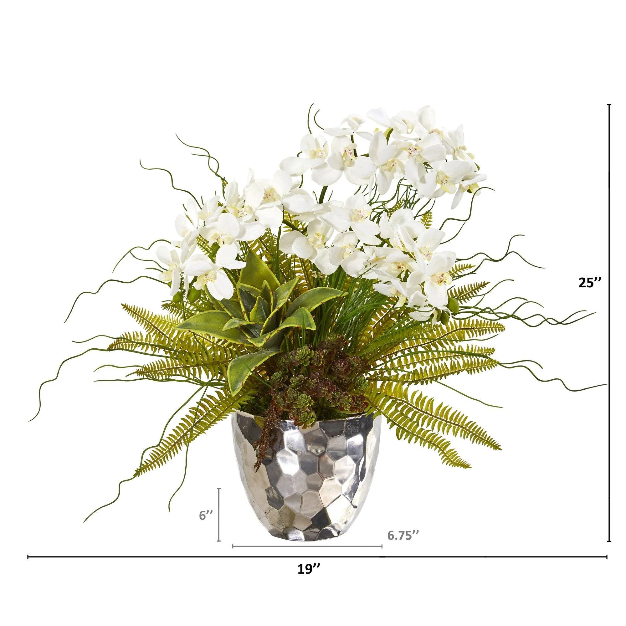 25” Phalaenopsis Orchid, Succulent and Fern Artificial Arrangement in Silver Vase - Image 8
