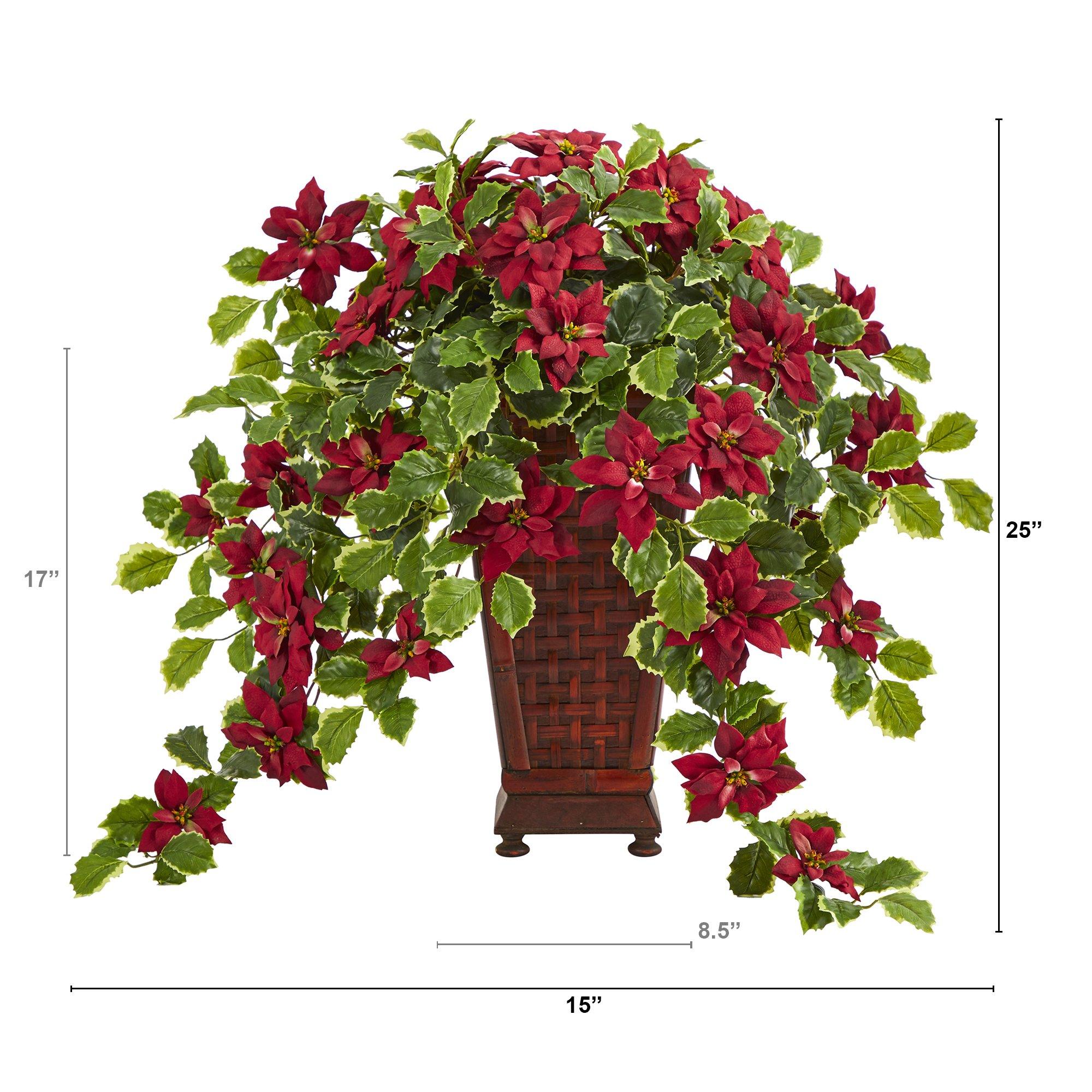 25” Poinsettia and Variegated Holly Artificial Plant in Planter (Real Touch) - Image 2