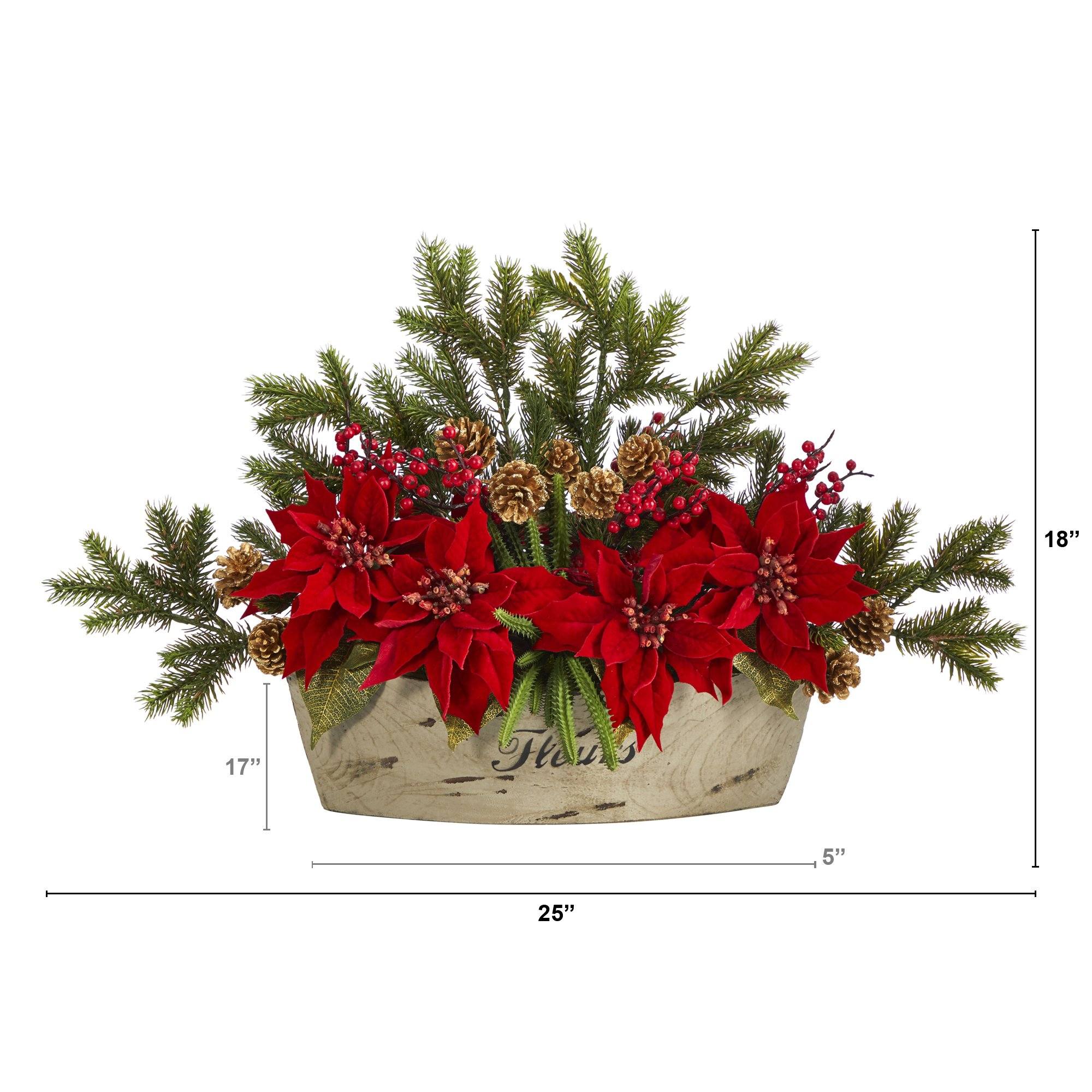 25” Poinsettia, Succulent and Pine Artificial Arrangement in Decorative Vase - Image 2