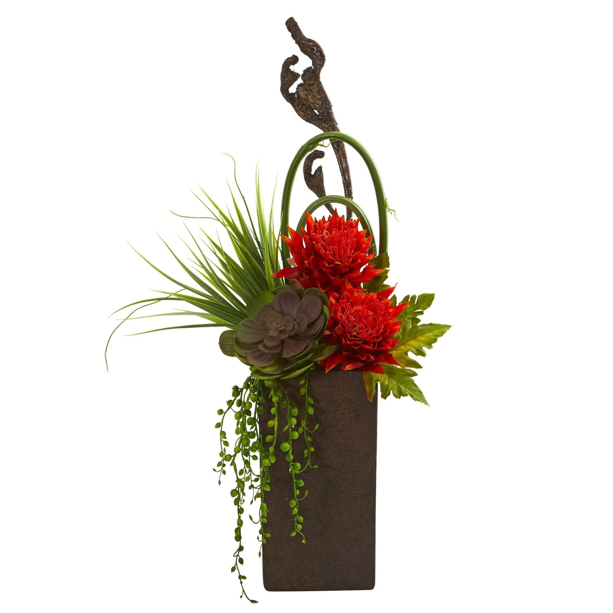 Tropical & Succulent Artificial Arrangement in Brown Vase - Image 2