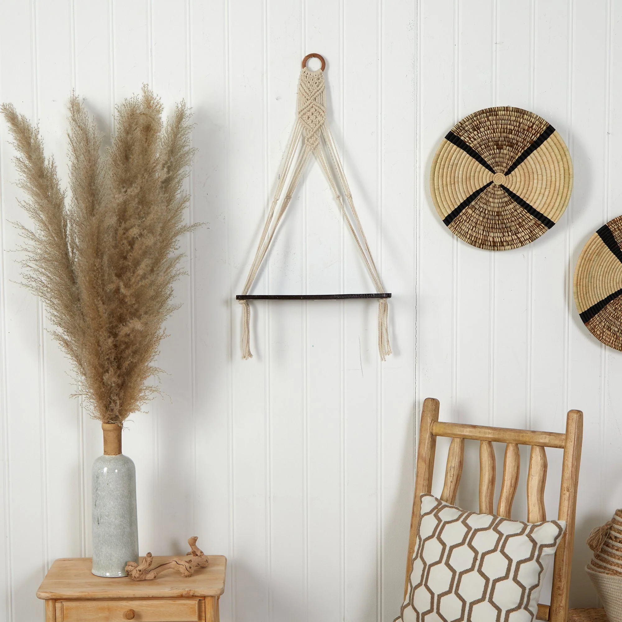 25” x 16” Macrame Wall Hanging with Wooden Shelf - Image 3