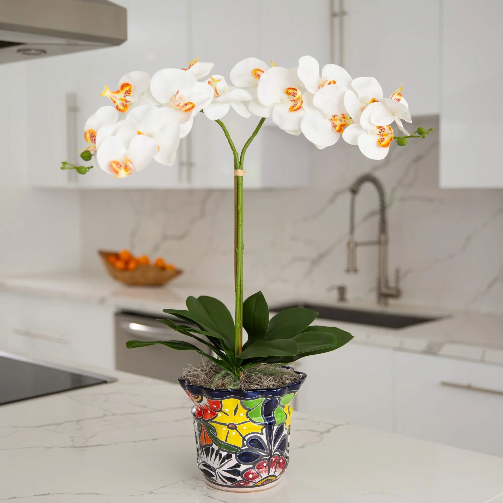 26” Artificial Double Orchid Arrangement in Handmade Mexican Talavera Ceramic Planter - Image 3