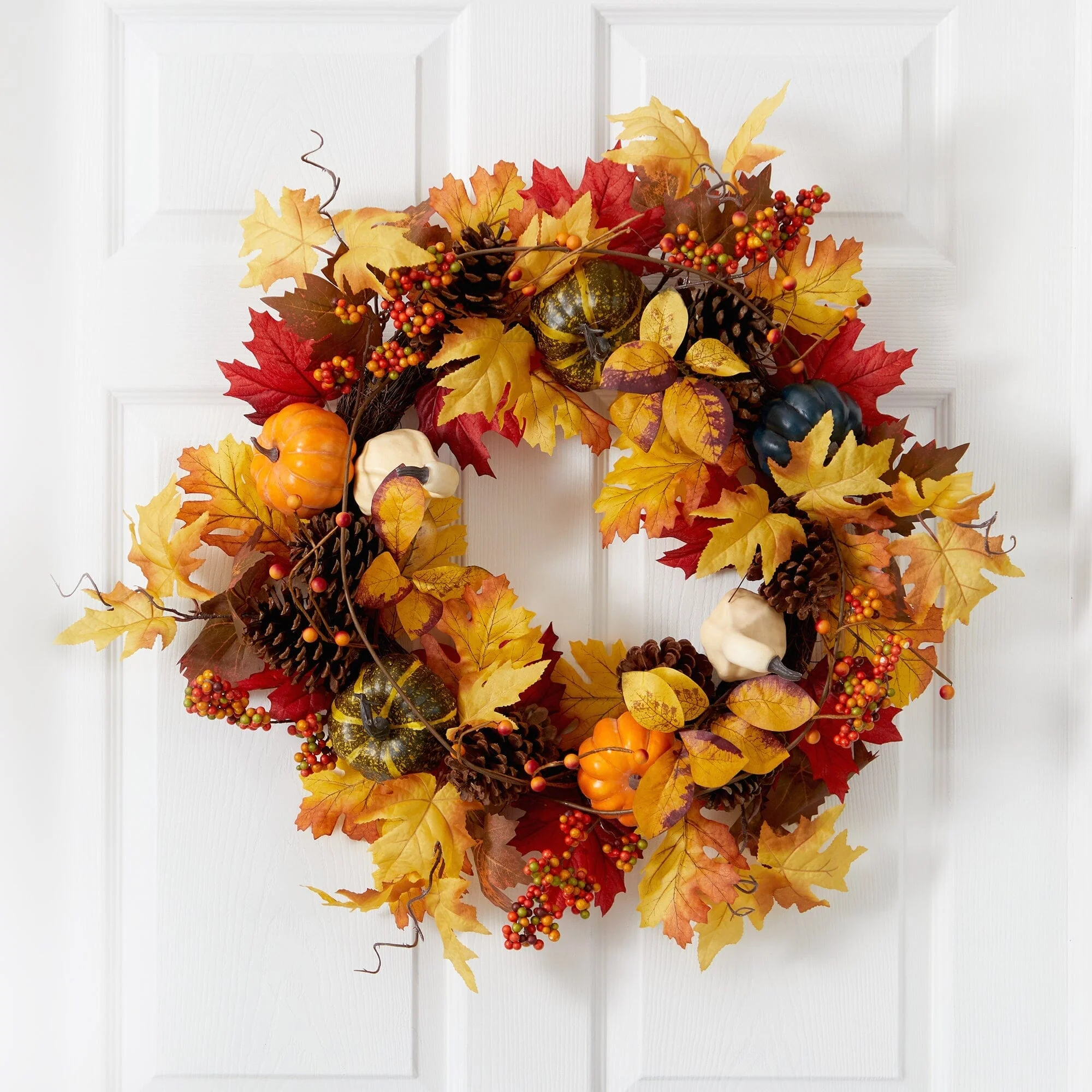 26” Fall Pumpkin, Gourd, Pinecone and Maple Leaf Artificial Autumn Wreath - Image 2