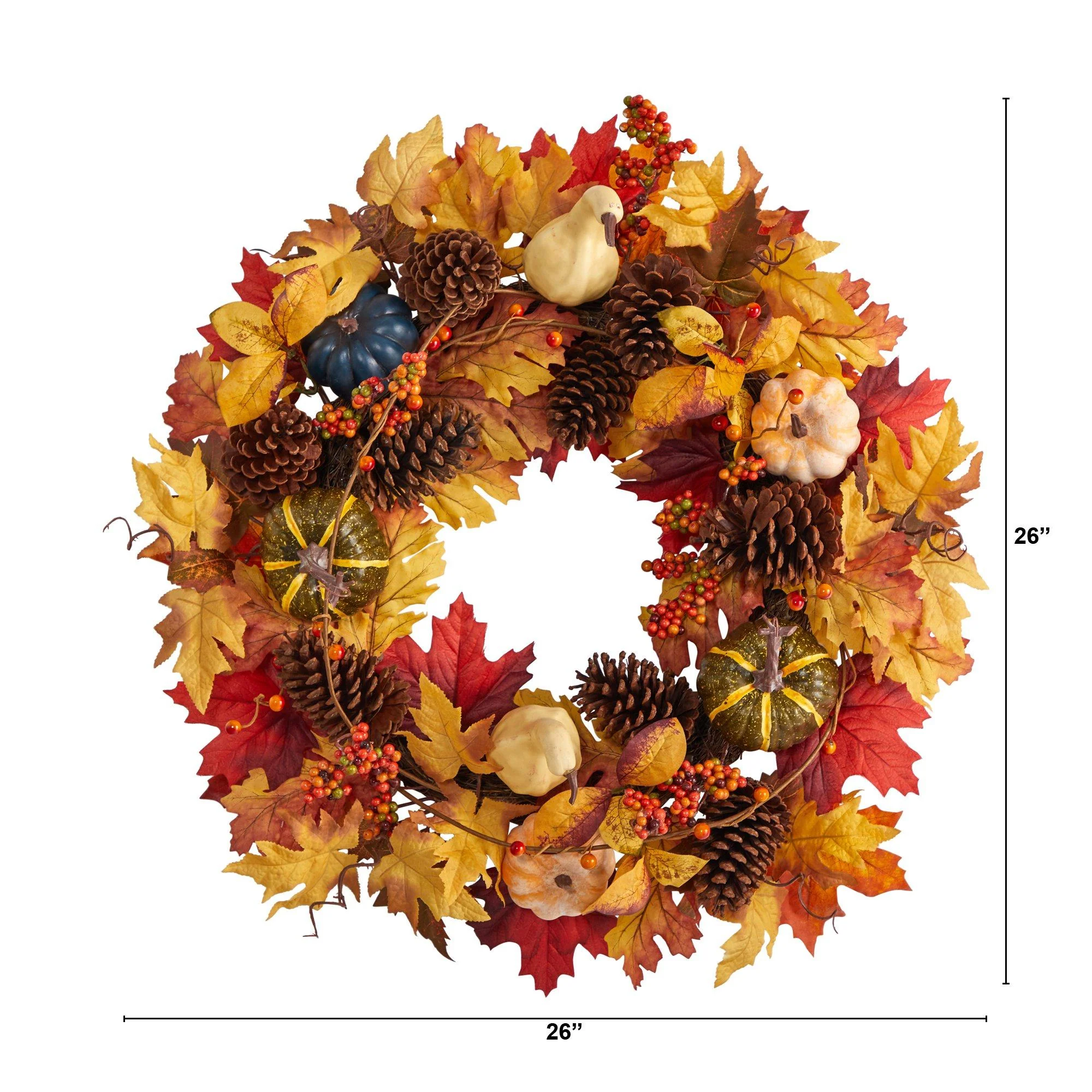 26” Fall Pumpkin, Gourd, Pinecone and Maple Leaf Artificial Autumn Wreath - Image 3