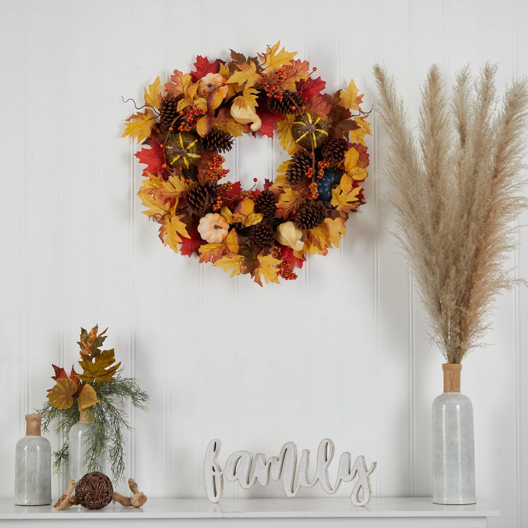 26” Fall Pumpkin, Gourd, Pinecone and Maple Leaf Artificial Autumn Wreath - Image 4