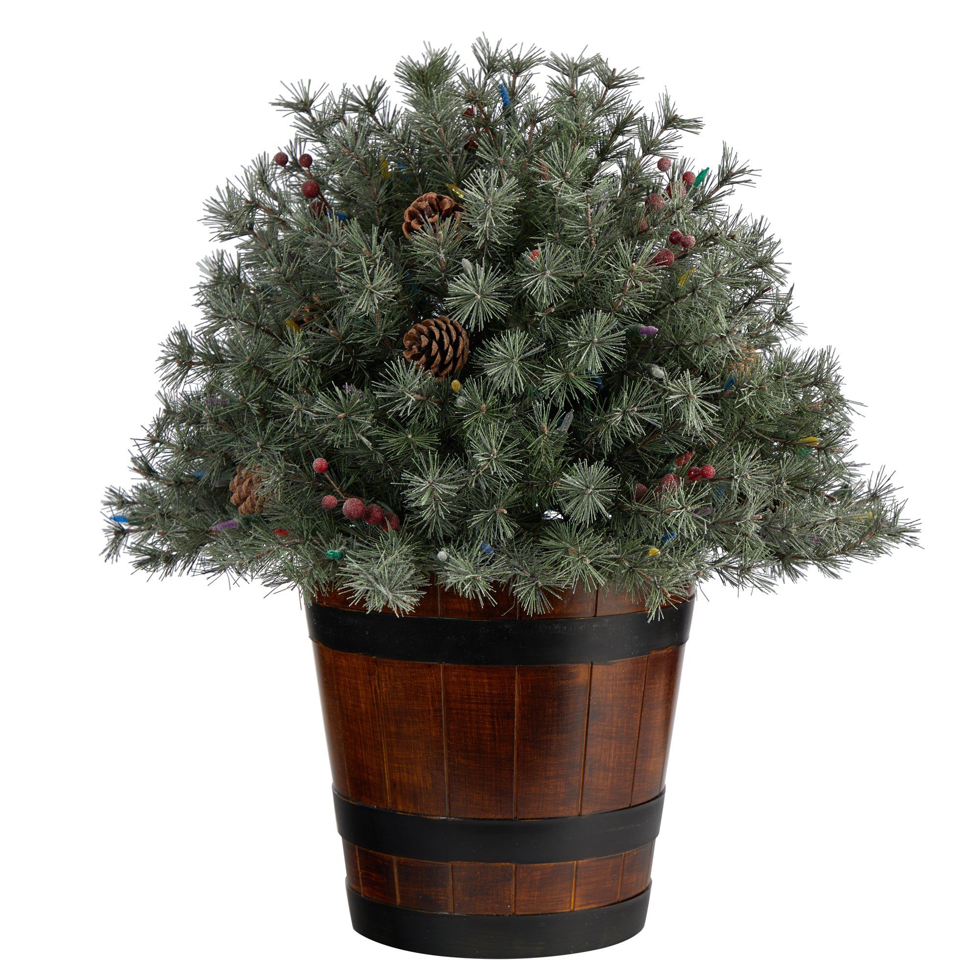 26” Flocked Shrub with Pinecones, 150 Multicolored LED Lights and 280 Branches in Planter - Image 3