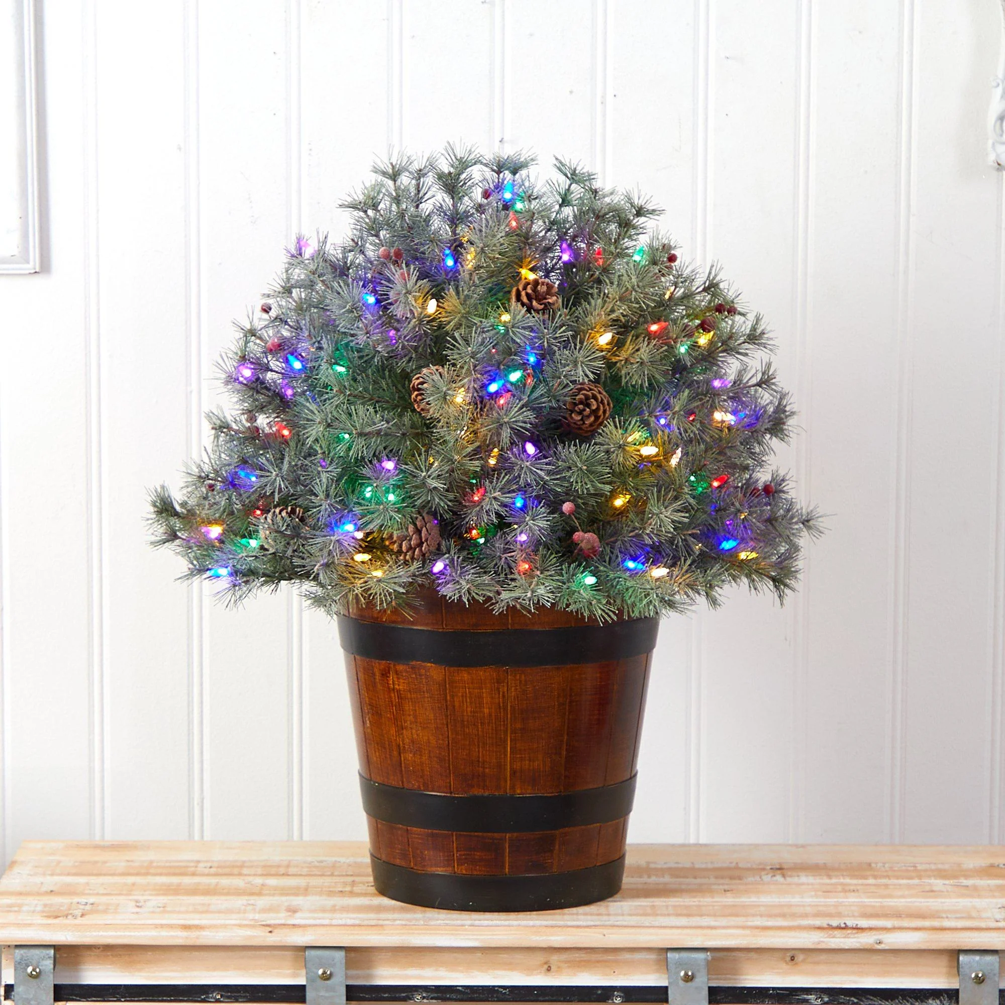 26” Flocked Shrub with Pinecones, 150 Multicolored LED Lights and 280 Branches in Planter - Image 4