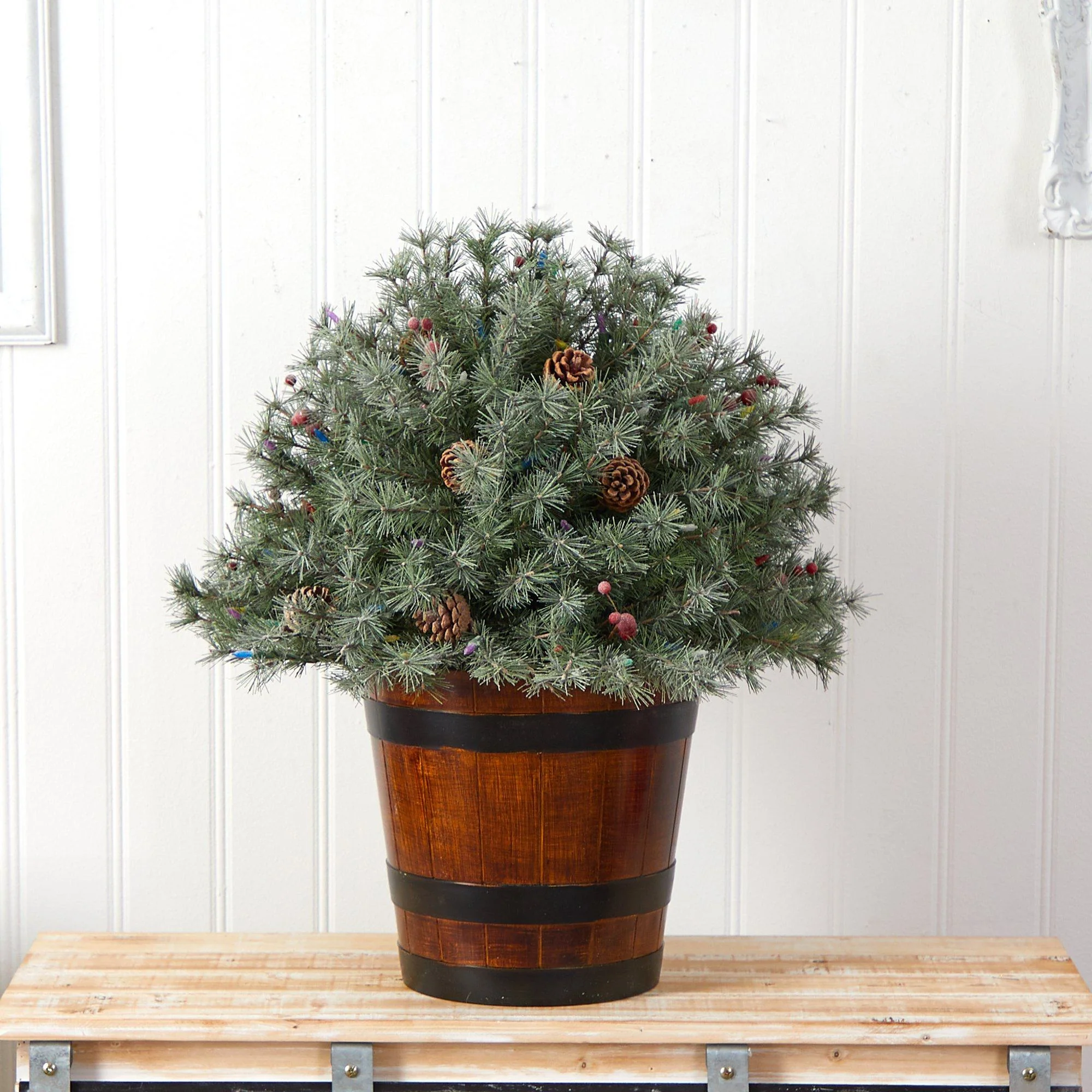 26” Flocked Shrub with Pinecones, 150 Multicolored LED Lights and 280 Branches in Planter - Image 5