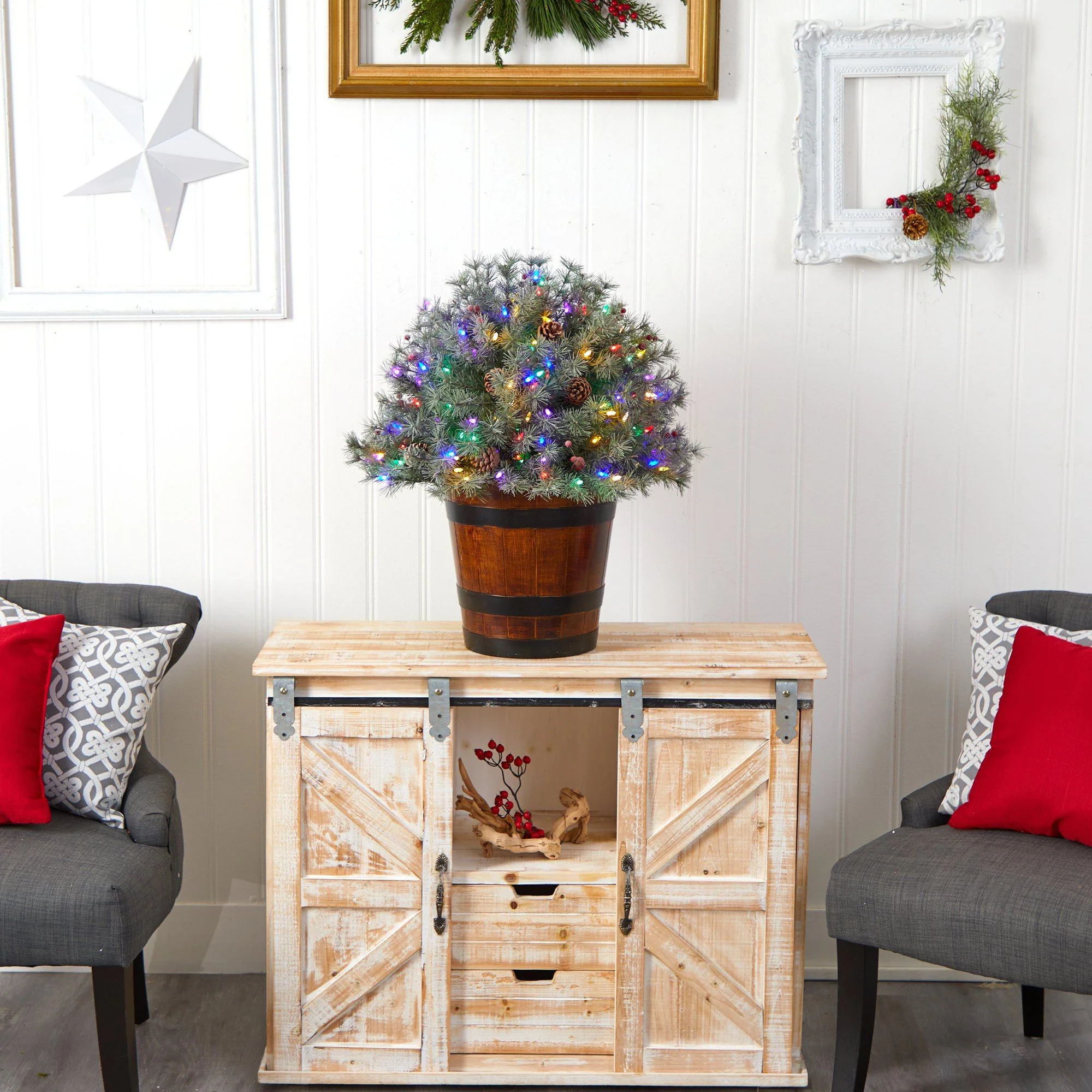 26” Flocked Shrub with Pinecones, 150 Multicolored LED Lights and 280 Branches in Planter - Image 6