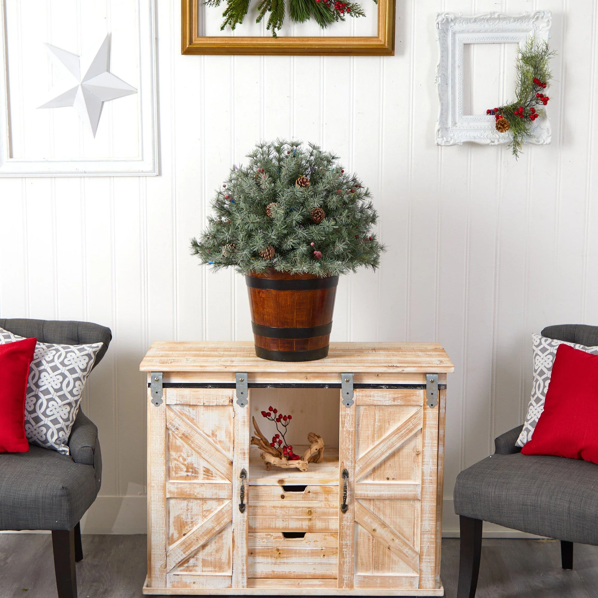 26” Flocked Shrub with Pinecones, 150 Multicolored LED Lights and 280 Branches in Planter - Image 7