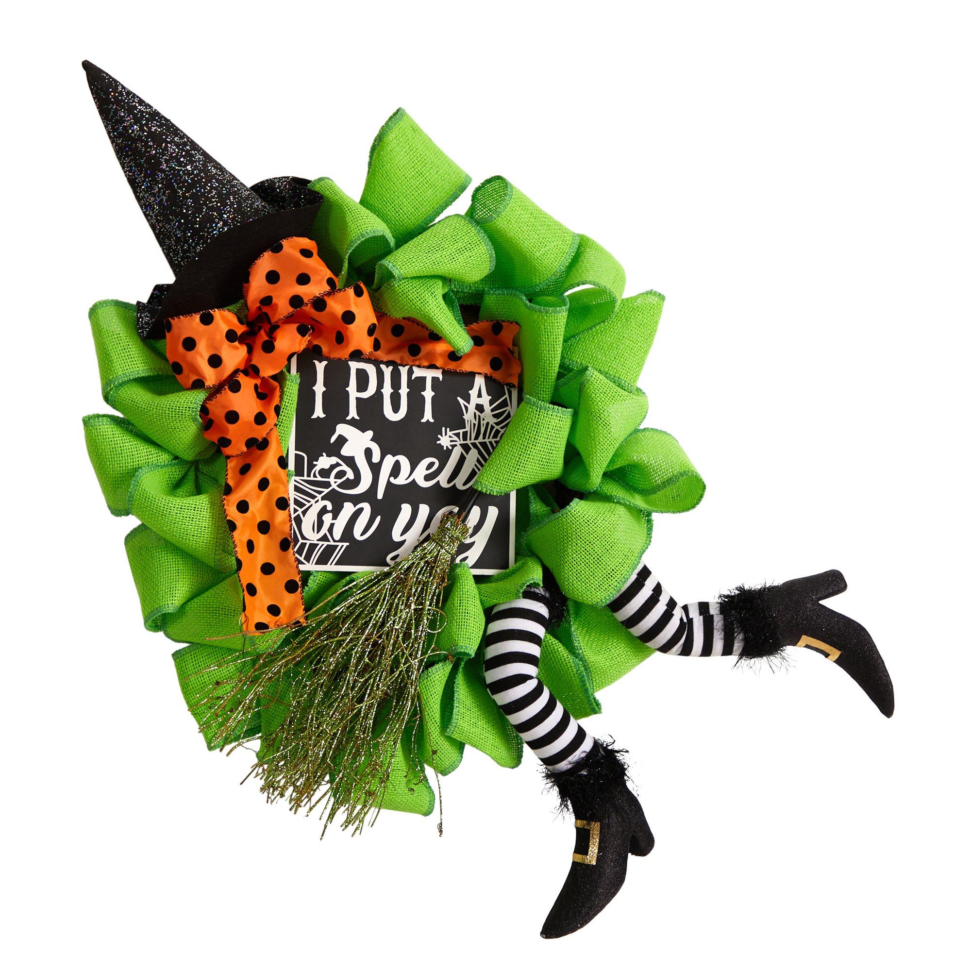 26" Halloween Witch Broom and Hat Mesh Wreath - Image 6