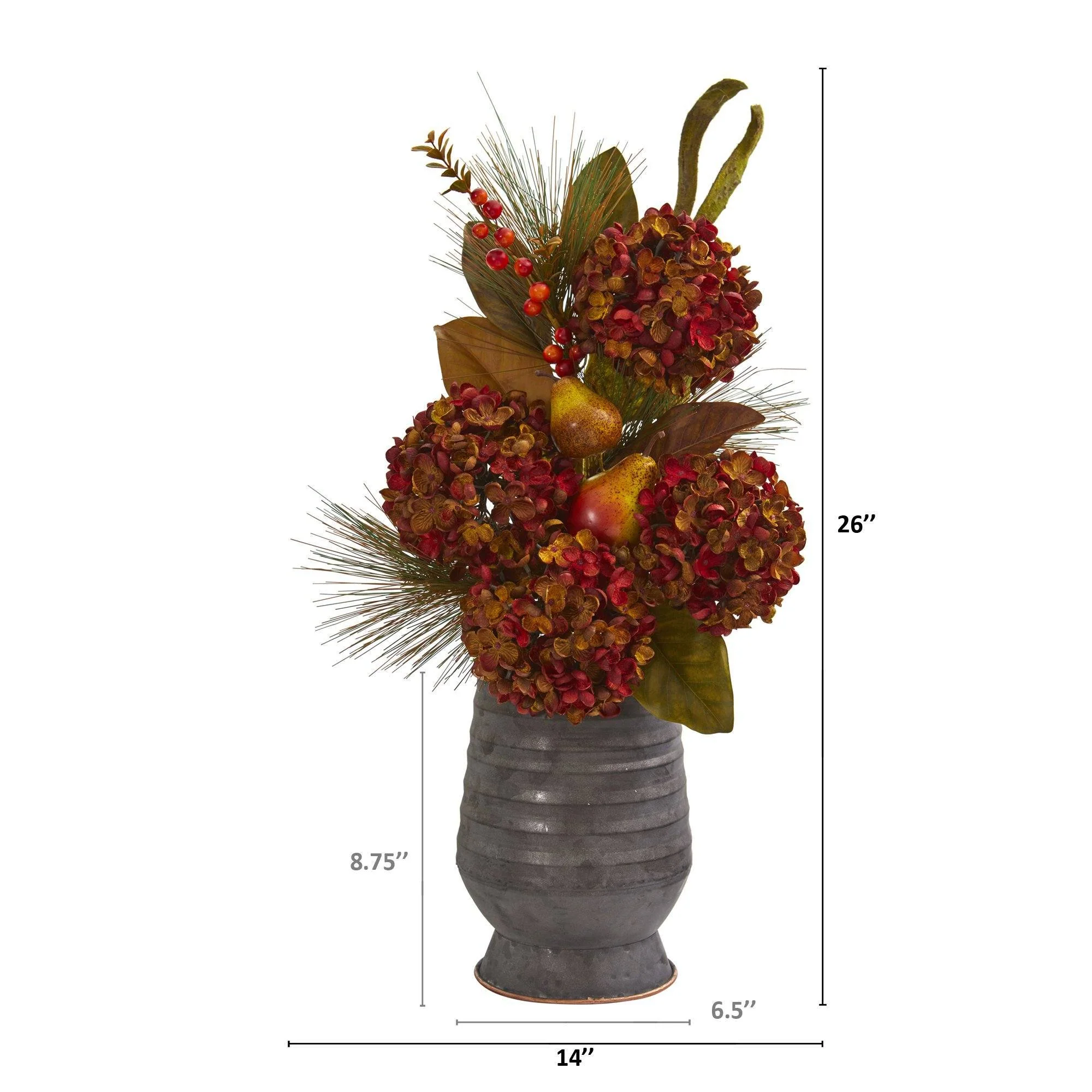 26” Hydrangea, Pear and Magnolia Artificial Arrangement in Metal Vase - Image 2