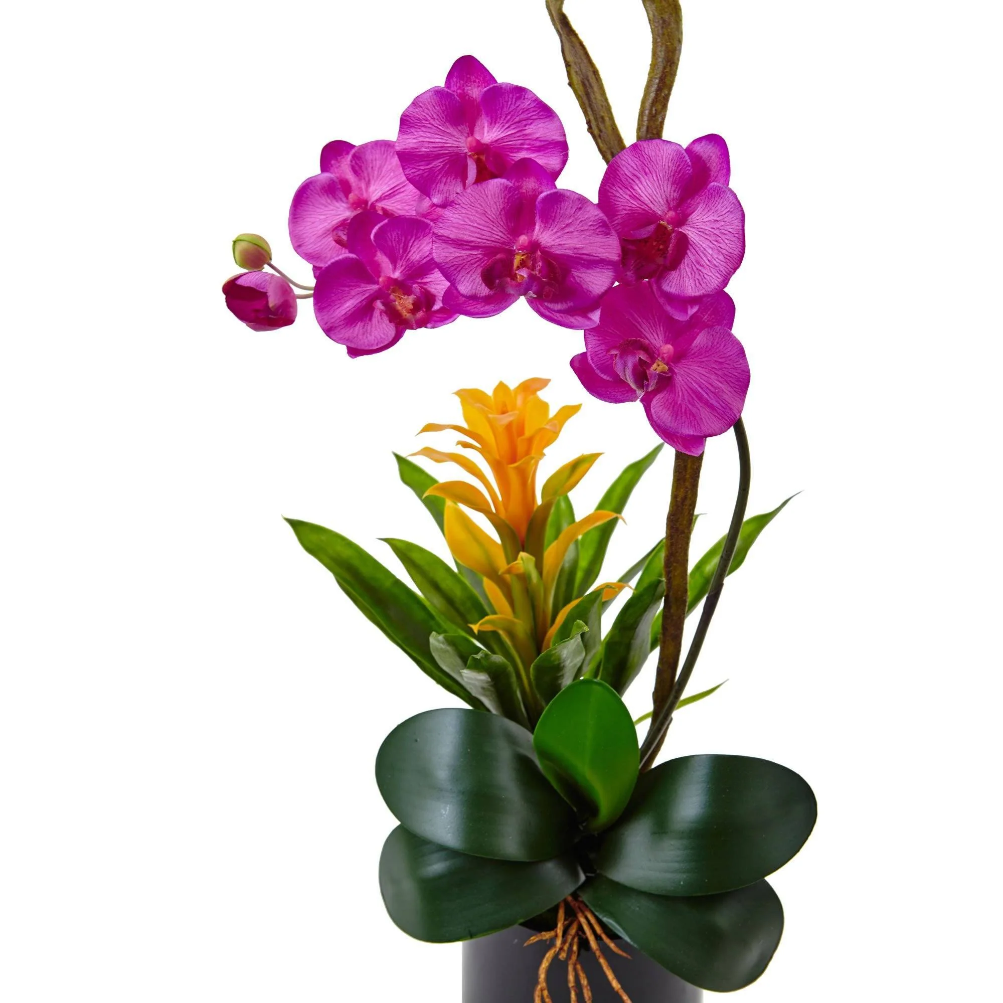26” Orchid and Bromeliad in Glossy Black Cylinder - Image 7