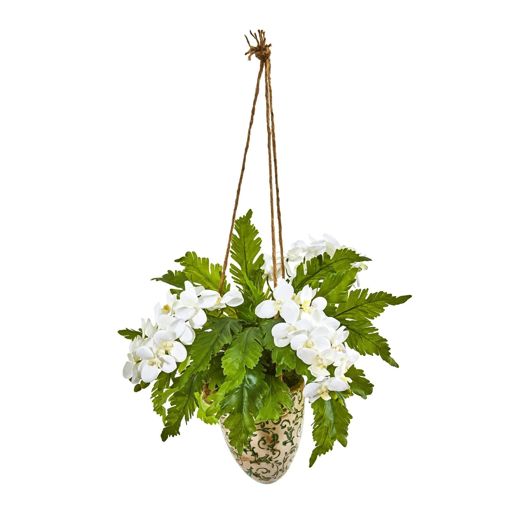 26” Phalaenopsis Orchid and Fern Plant in Hanging Vase