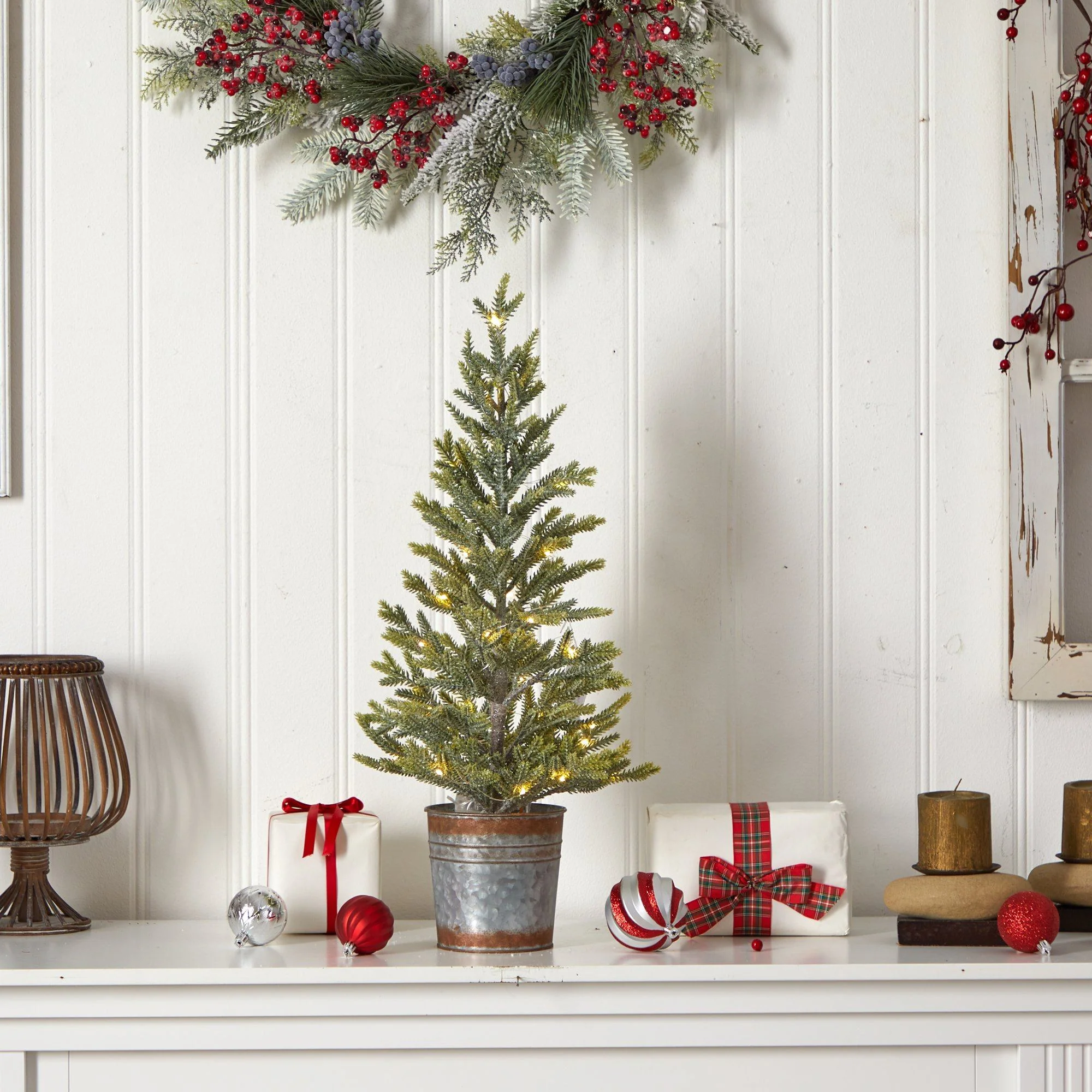 26” Pine “Natural Look” Artificial Christmas Tree with 35 Warm White Lights in Rustic Metal Planter - Image 7