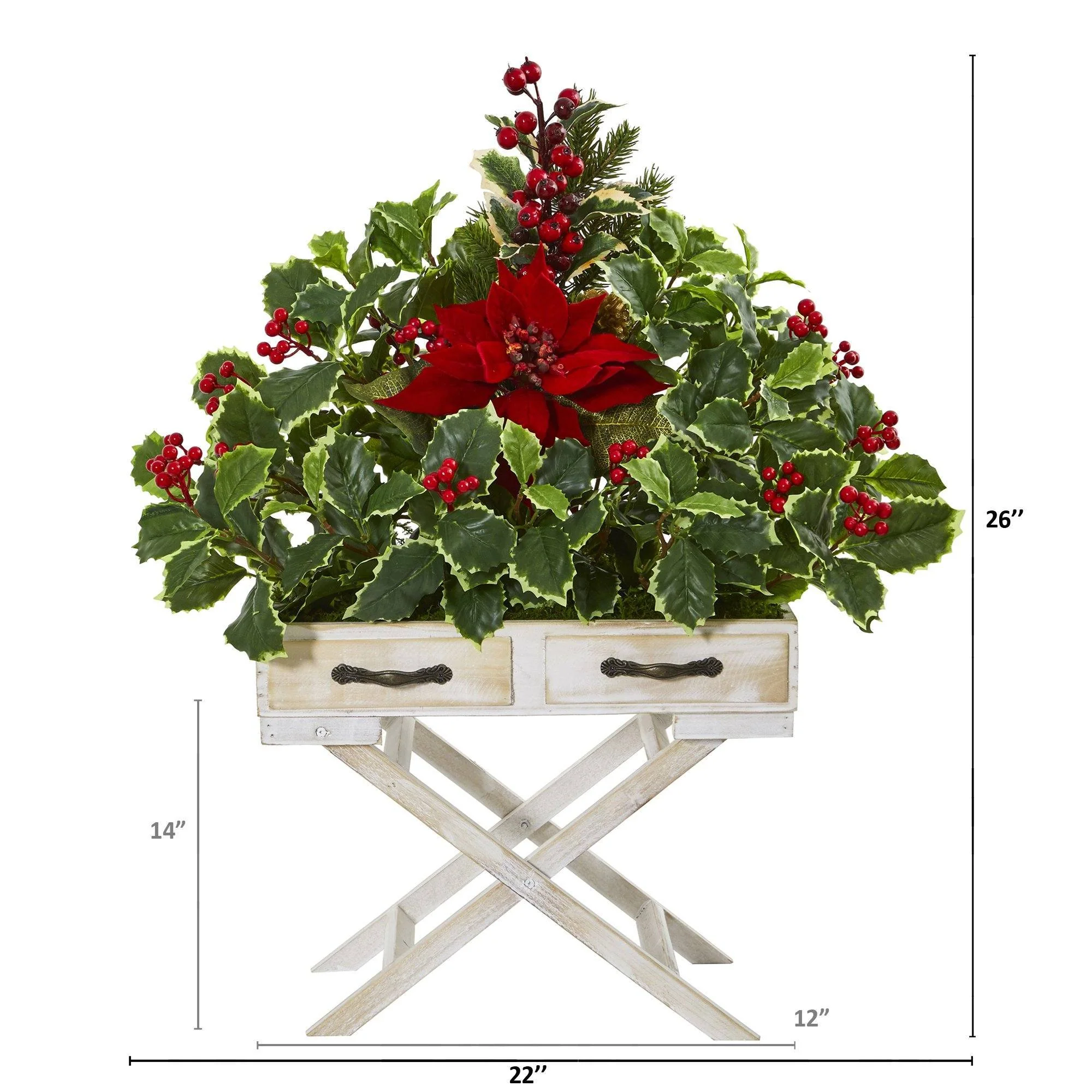 26” Poinsettia and Holly Berry Artificial Arrangement in Drawer Planter - Image 2