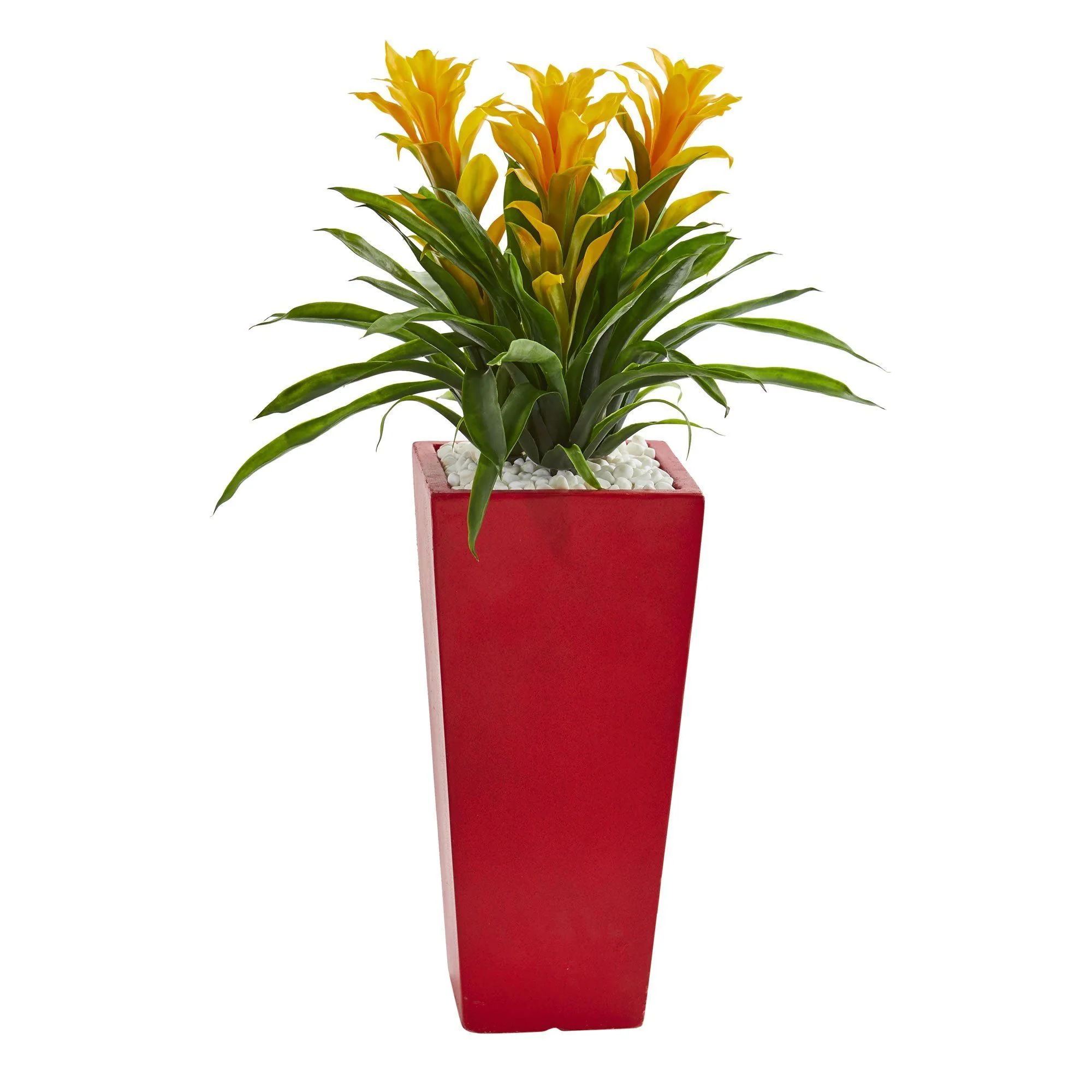 Triple Bromeliad Artificial Plant in Red Planter - Image 2