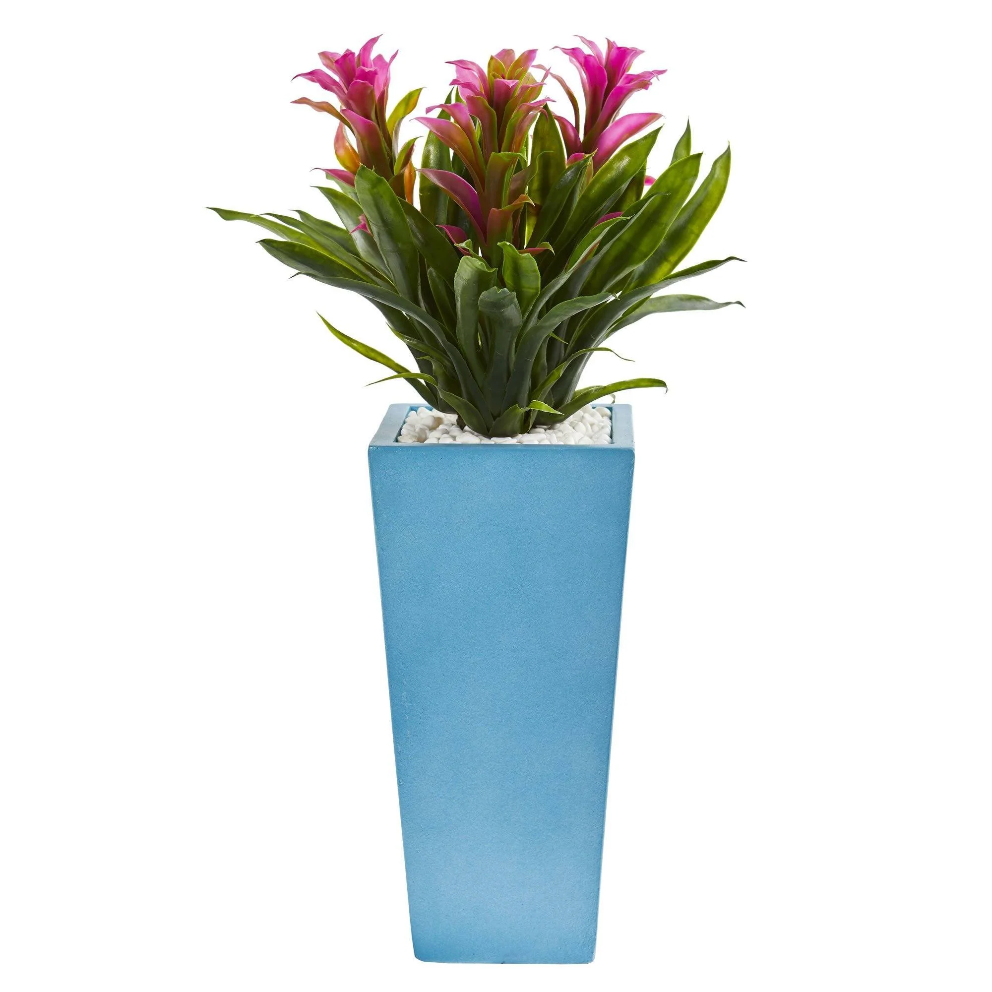 26” Triple Bromeliad Artificial Plant in Turquoise Tower Vase - Image 2
