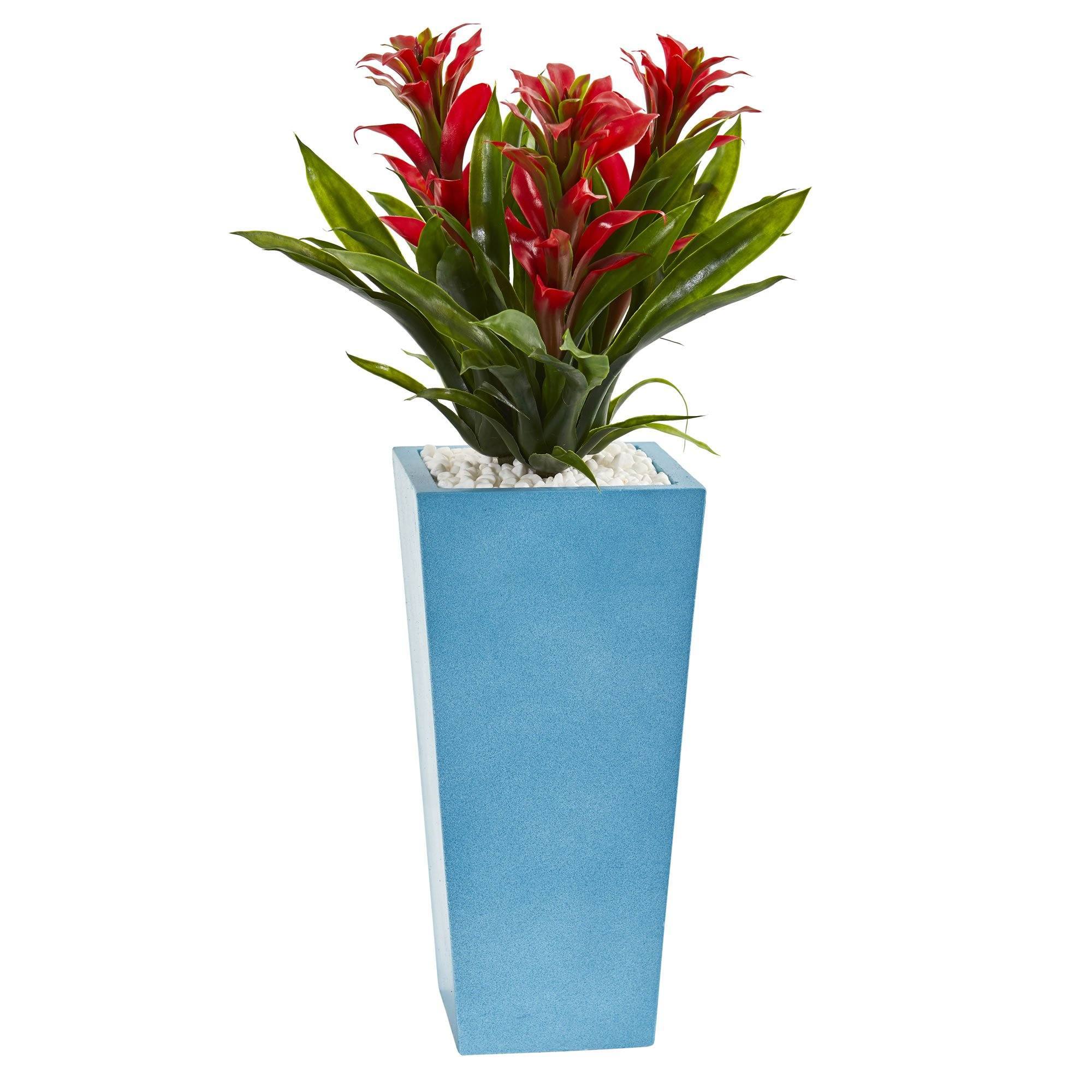 26” Triple Bromeliad Artificial Plant in Turquoise Tower Vase - Image 3