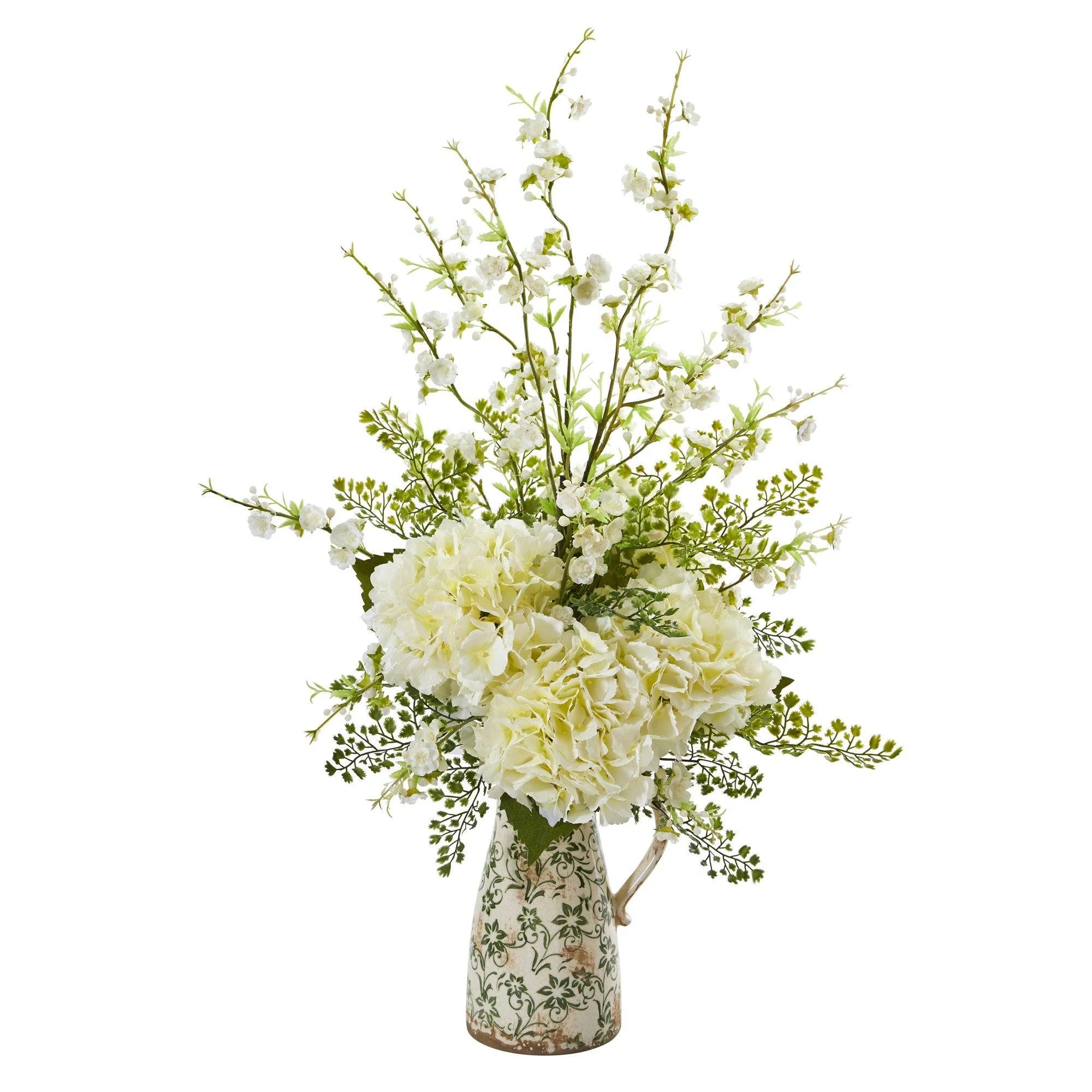 27” Cherry Blossom, Hydrangea and Greens Arrangement in Vase - Image 4