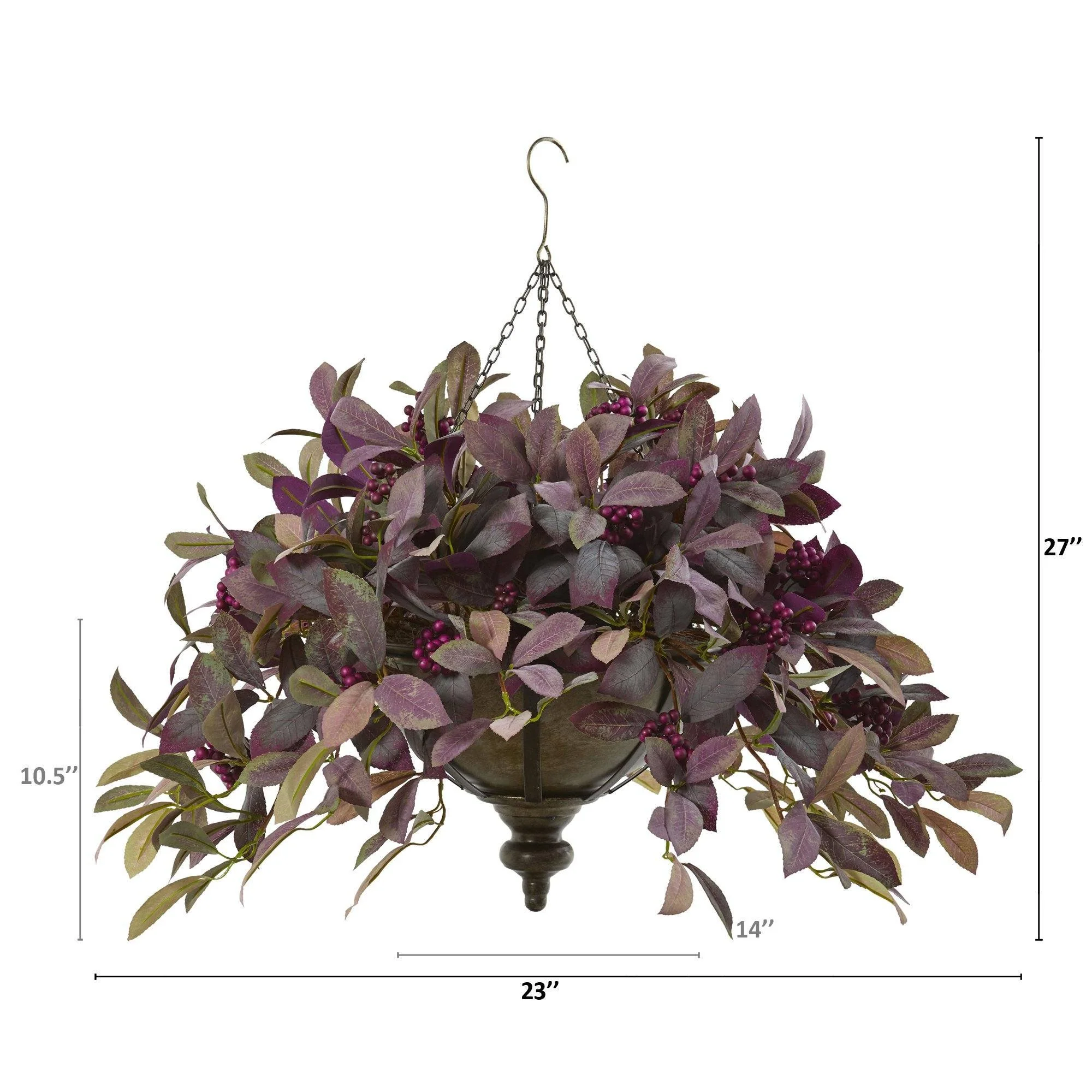 27” Fall Laurel Leaf with Berries Artificial Plant in Metal Hanging Bowl - Image 2