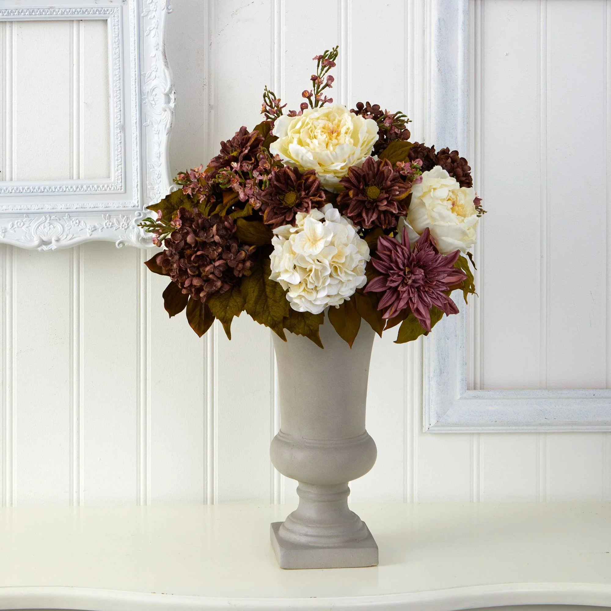 27” Peony, Hydrangea and Dahlia Artificial Arrangement in Sand Colored Urn - Image 2